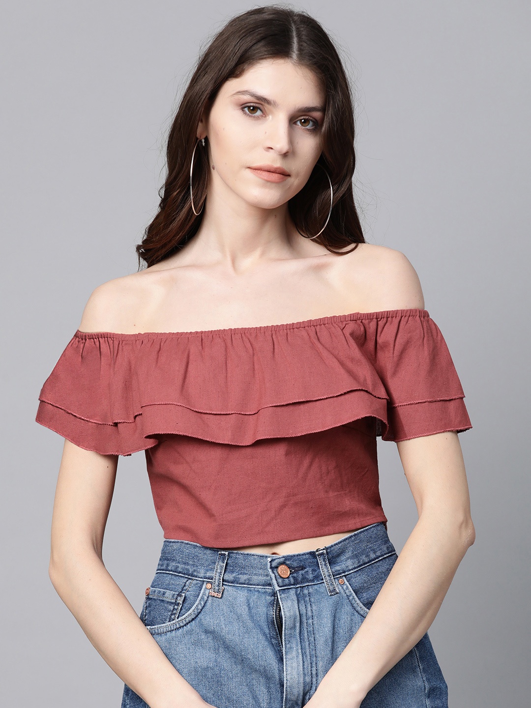 

SASSAFRAS Women Rust Red Solid Layered Cropped Bardot Top