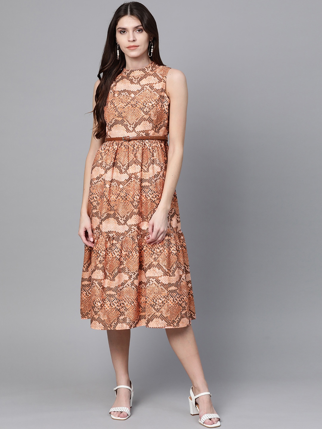 

SASSAFRAS Women Peach-Coloured & Brown Snake Printed A-Line Dress With Belt