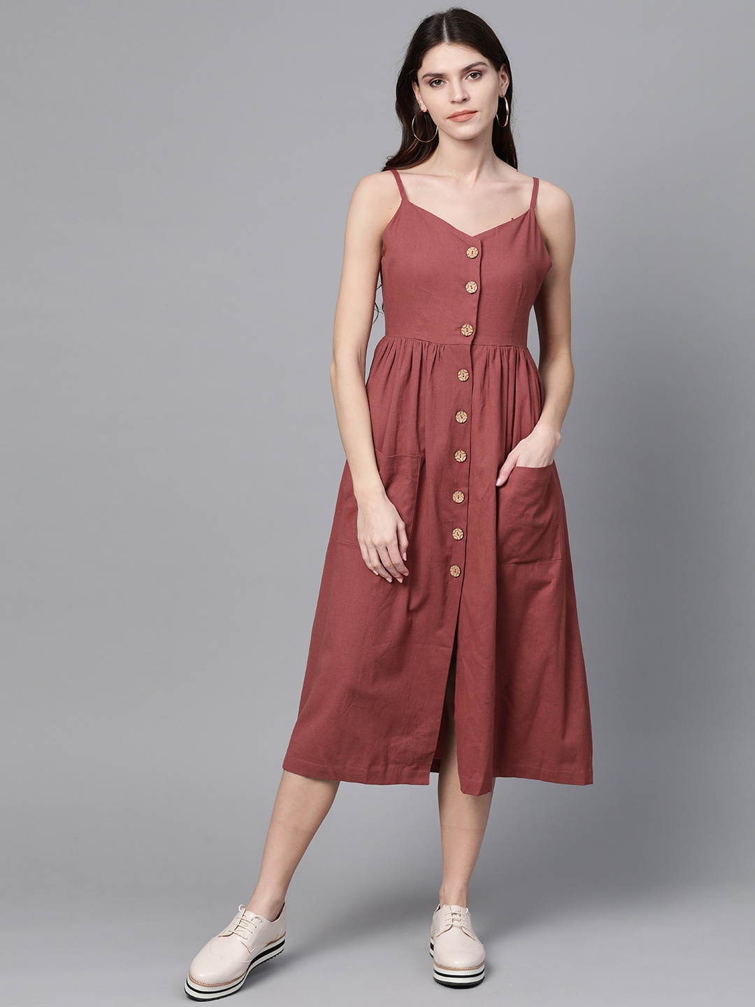 

SASSAFRAS Women Rust Red Solid A-Line Dress