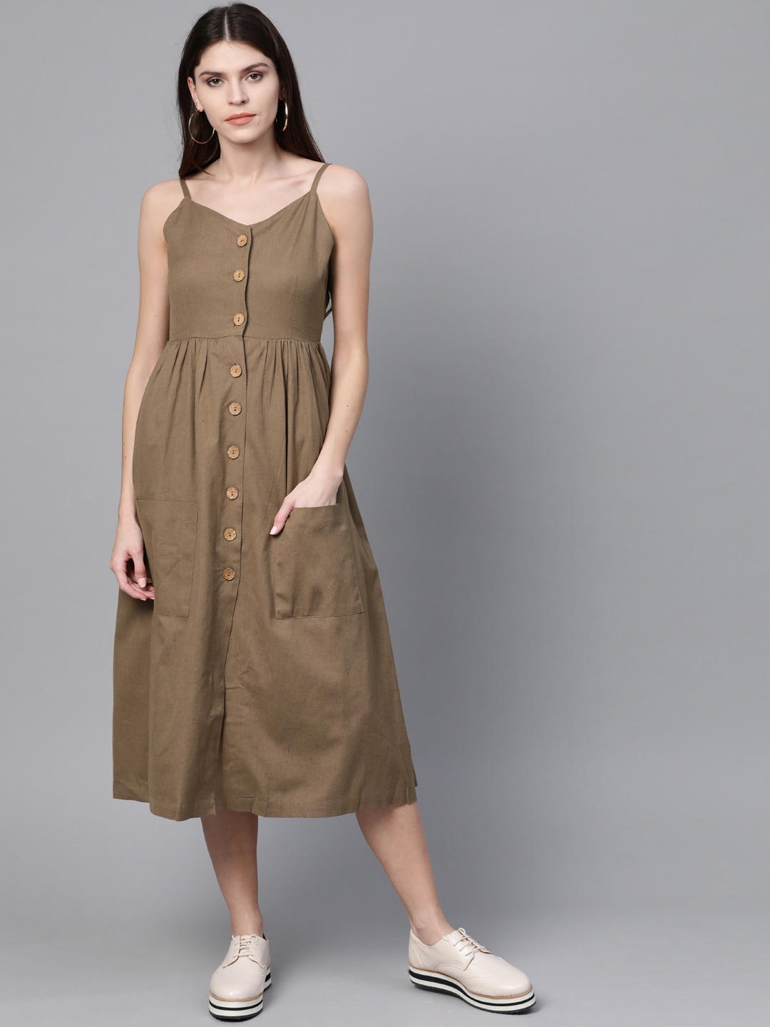 

SASSAFRAS Women Olive Brown Solid A-Line Dress