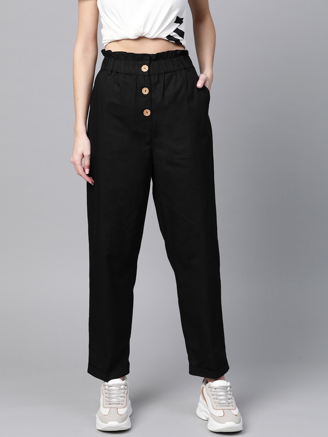 

SASSAFRAS Women Black Pure Cotton Trousers
