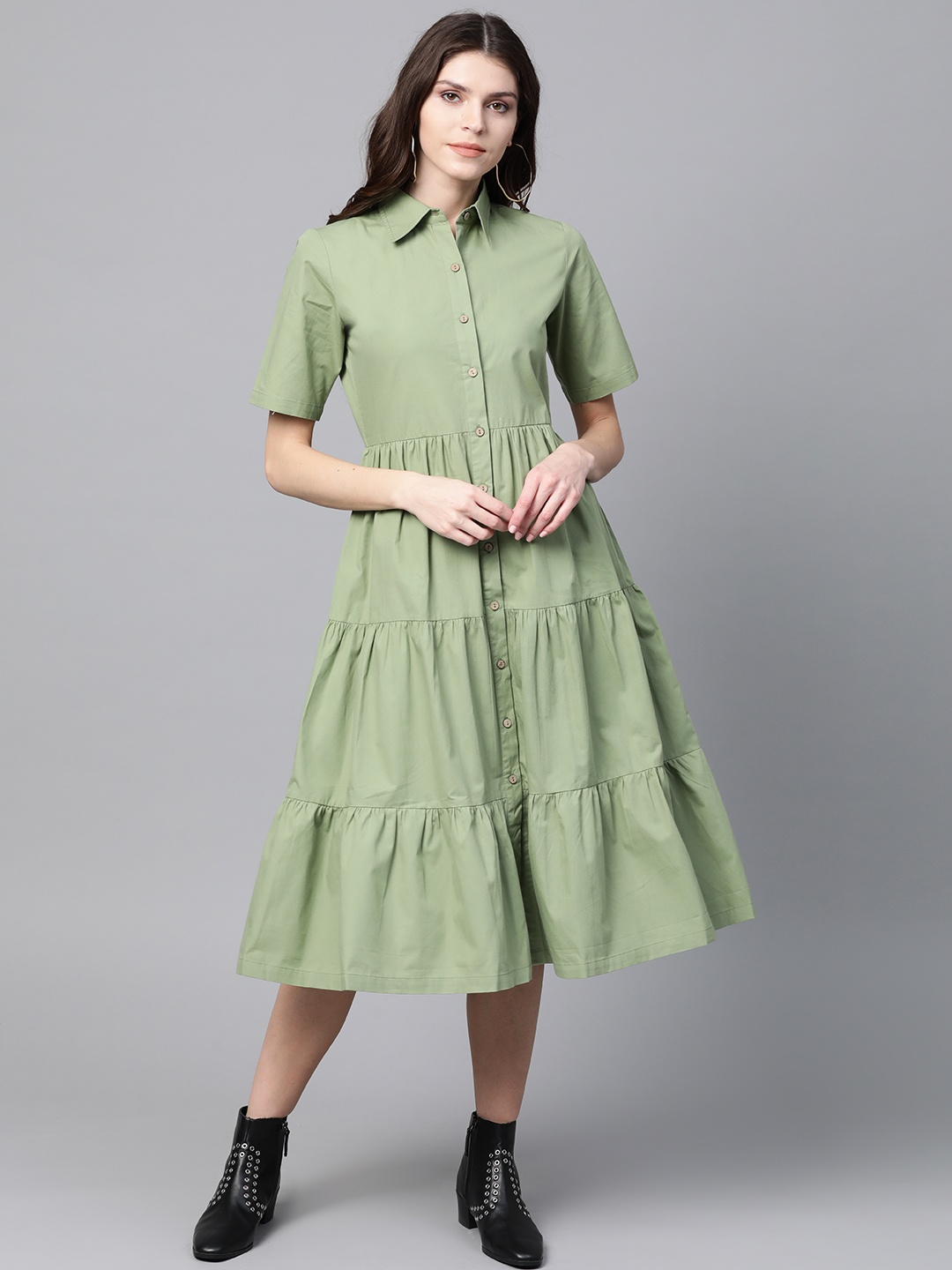 

SASSAFRAS Women Green Solid A-Line Tiered Shirt Dress