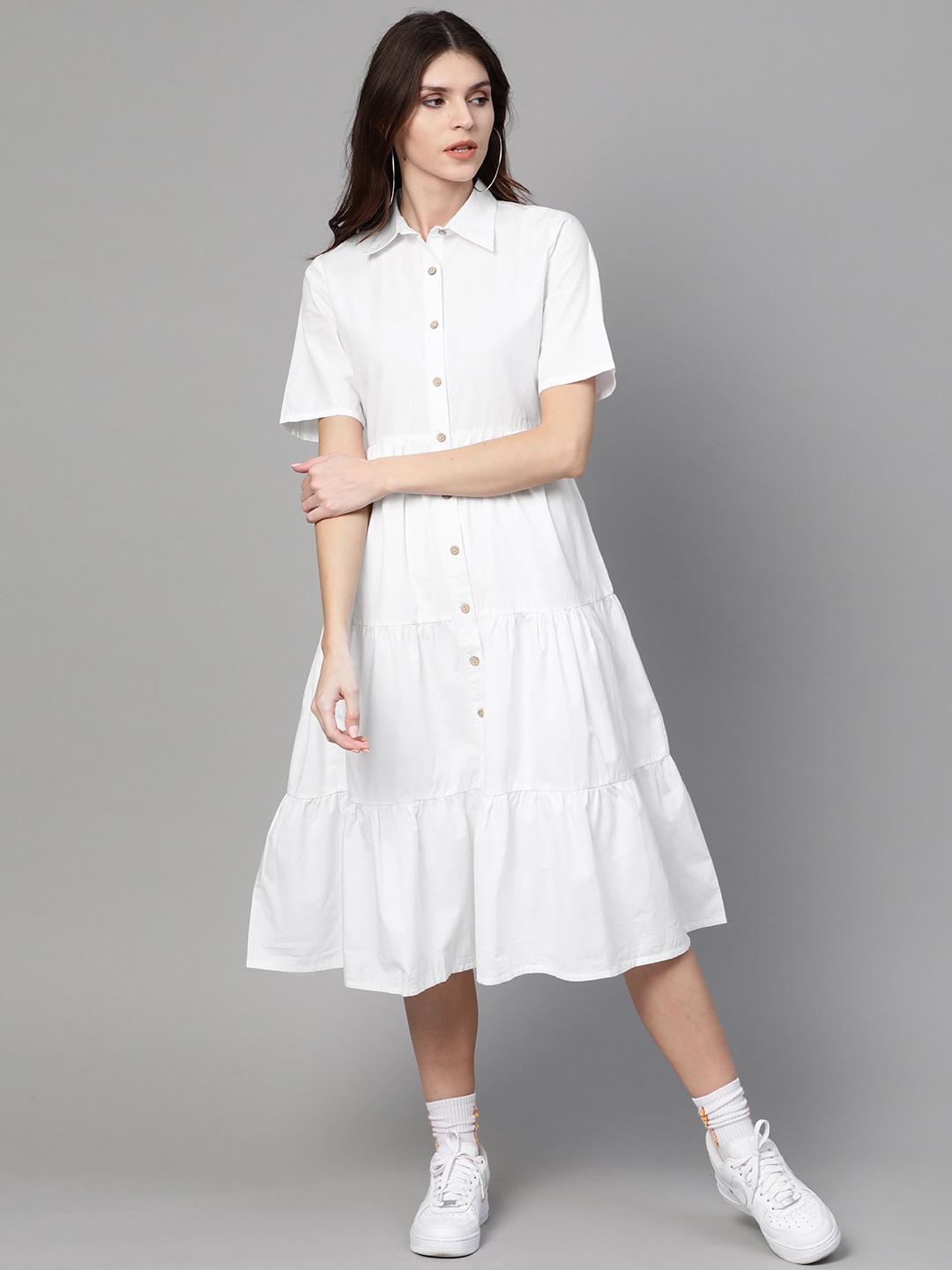 

SASSAFRAS White Tiered Cotton Shirt Dress