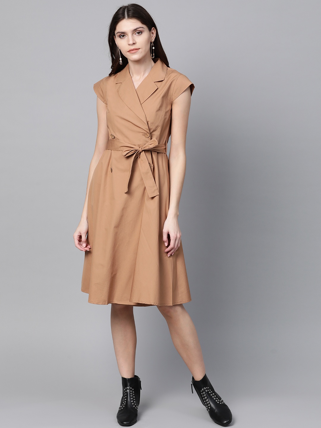 

SASSAFRAS Women Brown Solid Wrap Trench Dress
