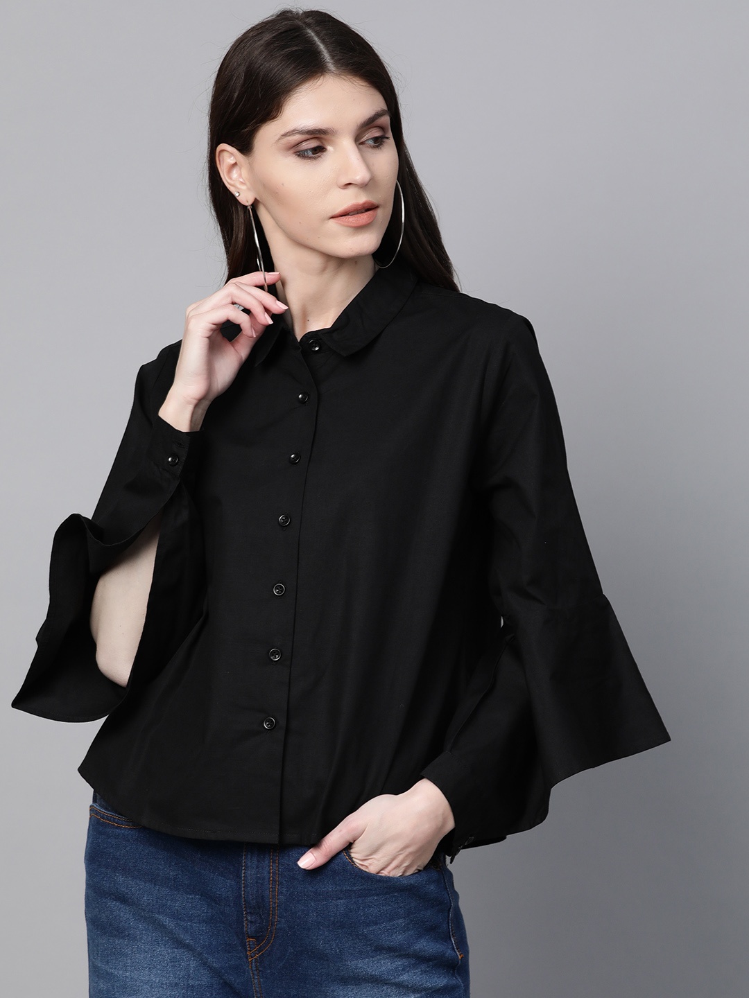 

SASSAFRAS Women Black Slit Sleeves Solid Casual Shirt