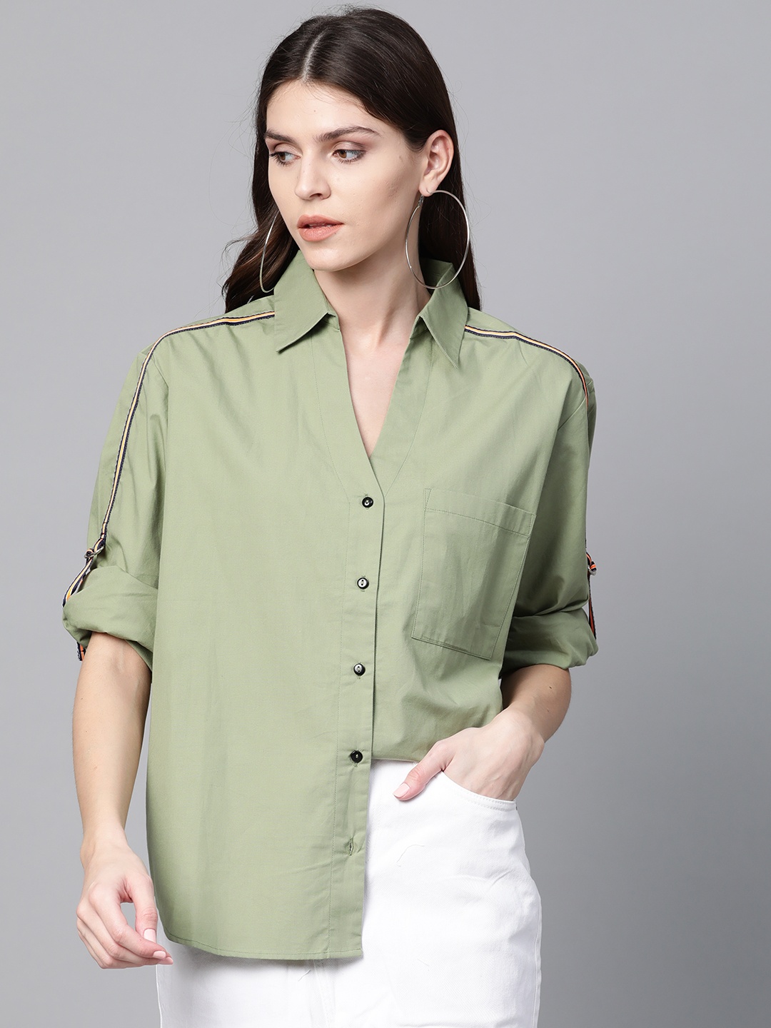 

SASSAFRAS Women Green Solid Boxy Casual Shirt