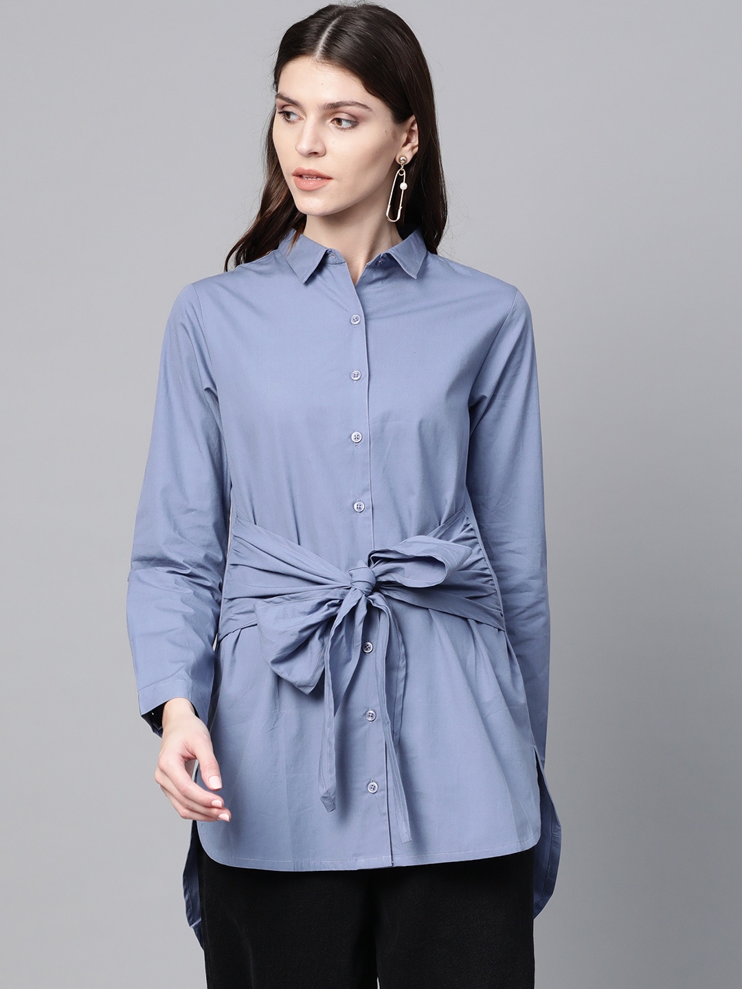

SASSAFRAS Women Blue Regular Fit Solid Casual Longline Shirt