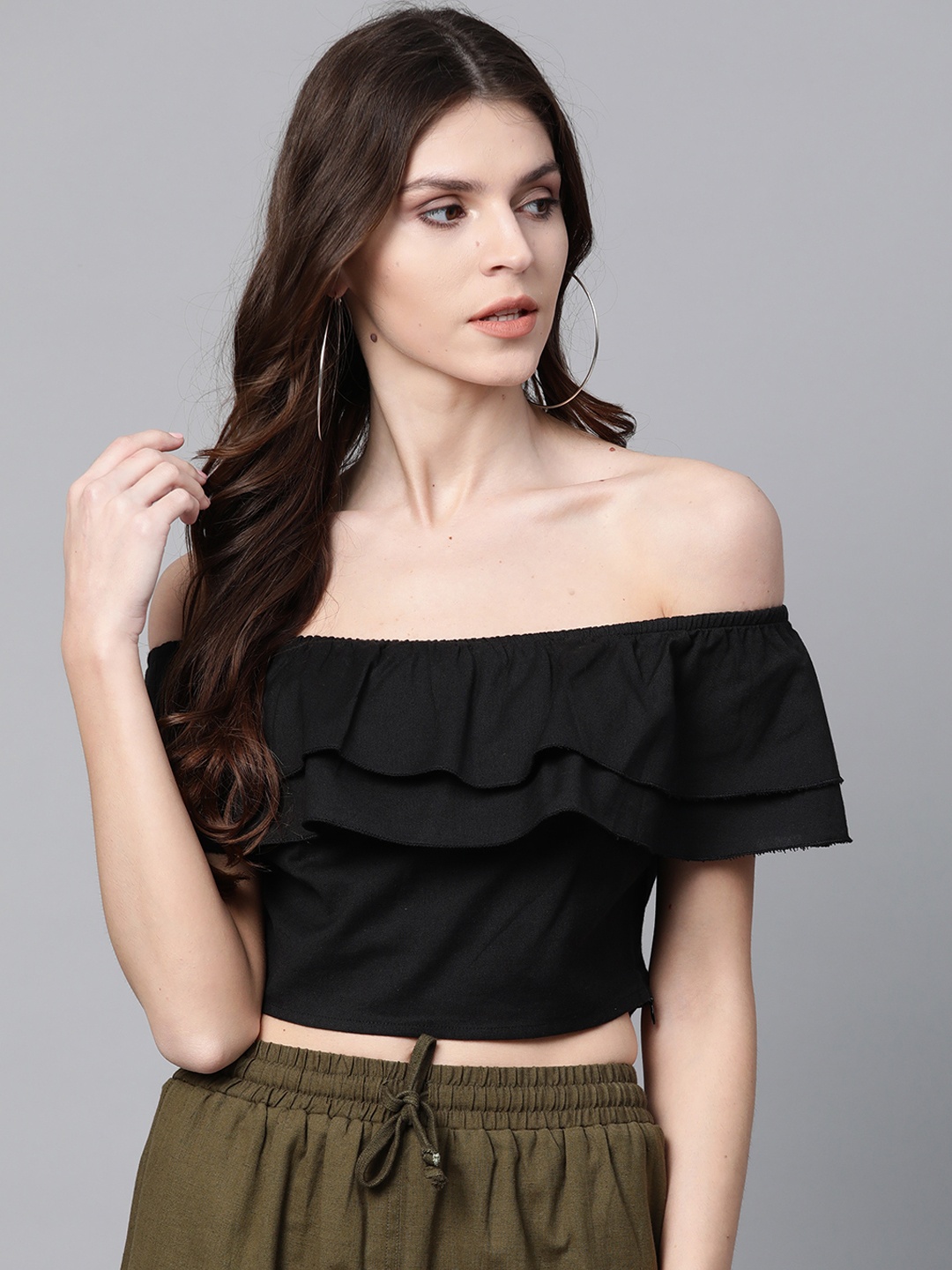 

SASSAFRAS Women Black Solid Layered Cropped Bardot Top
