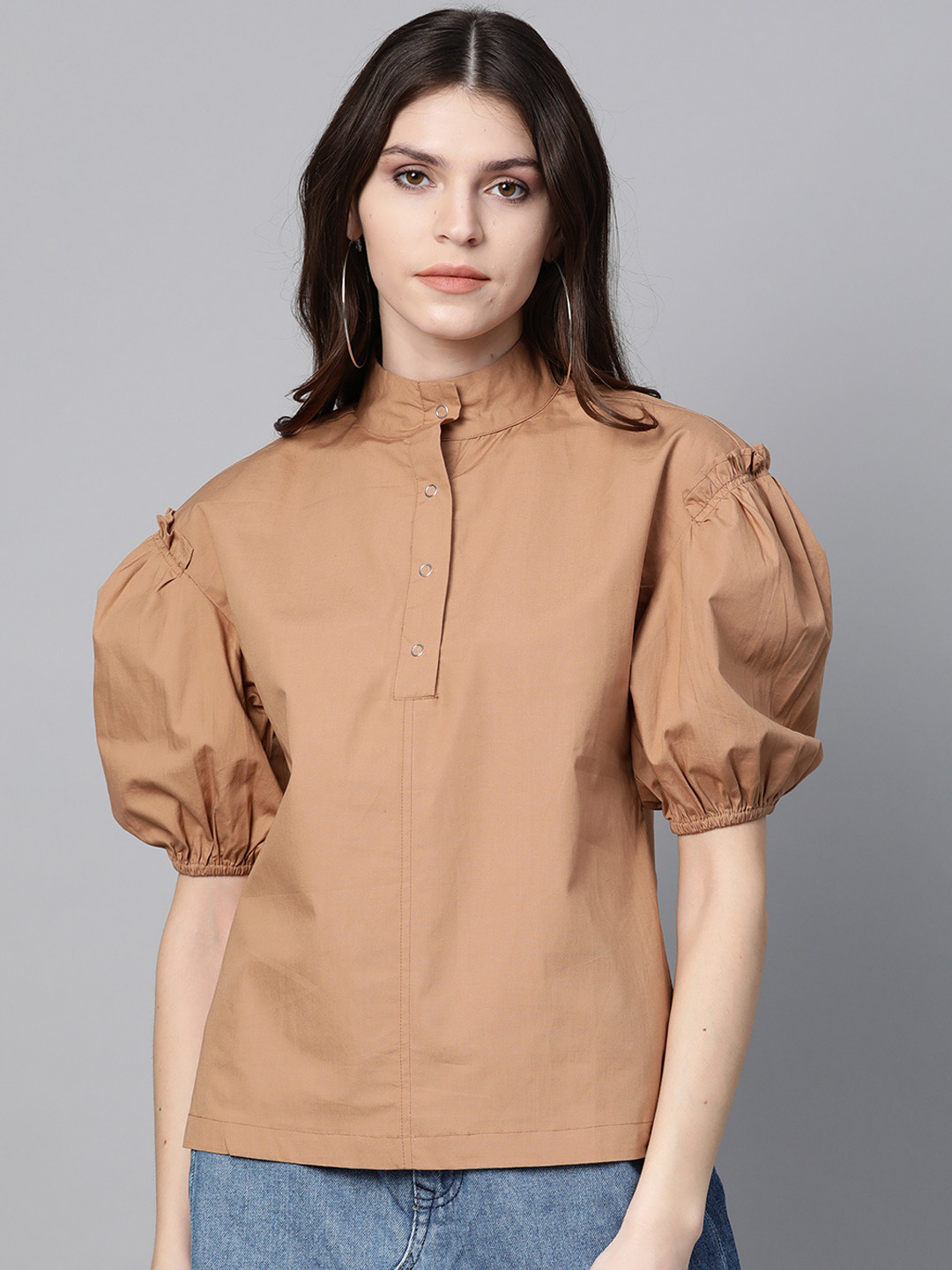 

SASSAFRAS Women Brown Puff Sleeves Solid Pure Cotton Top