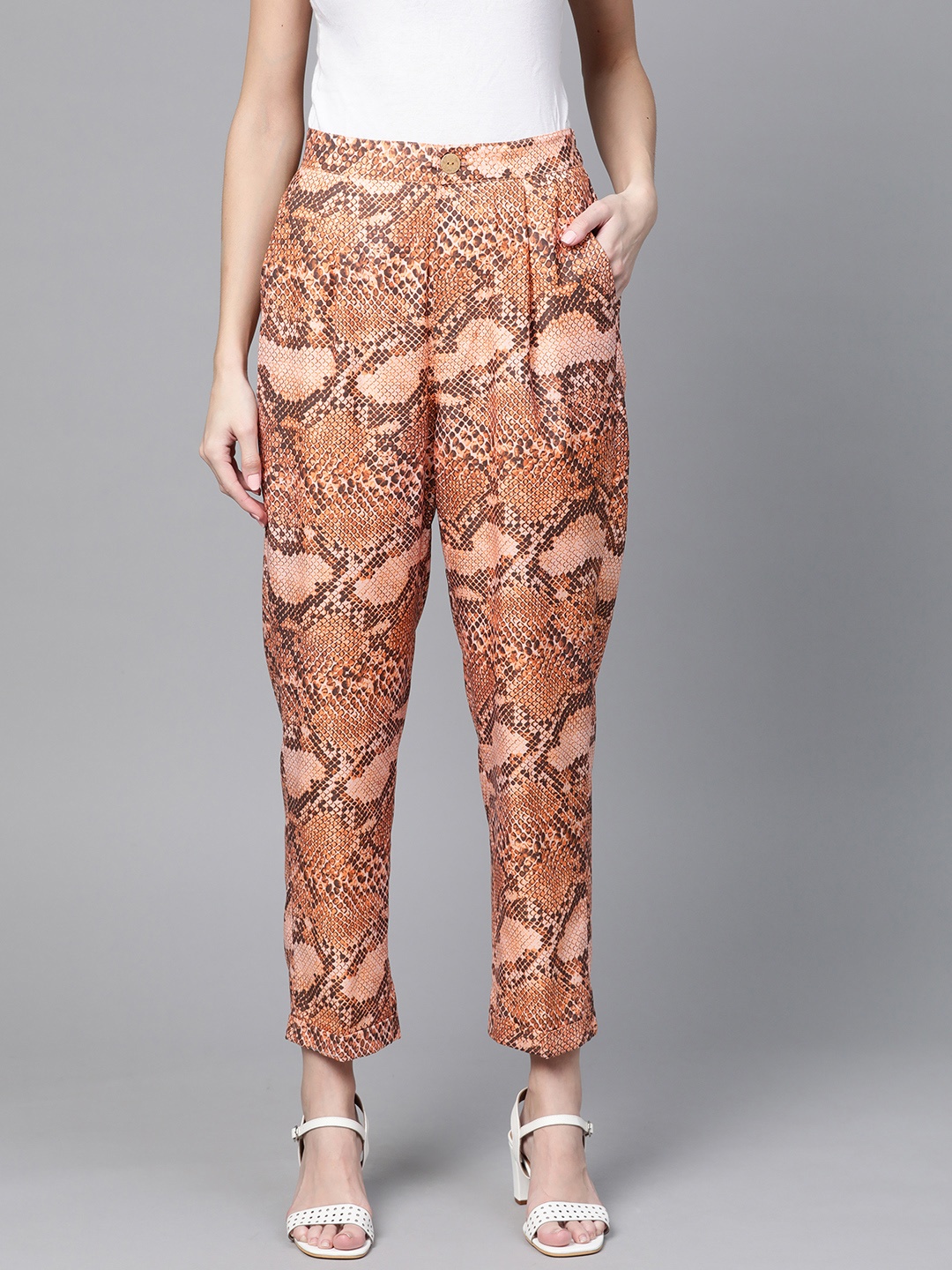 

SASSAFRAS Women Orange & Charcoal Grey Regular Fit Snakeskin Print Regular Trousers