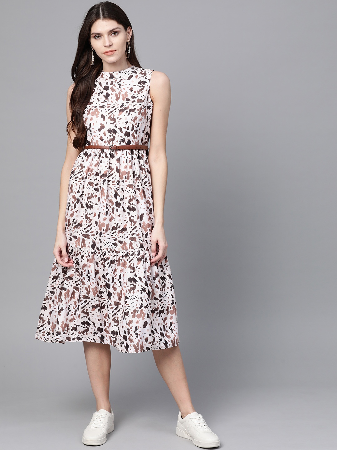 

SASSAFRAS Off-White & Brown Leopard Printed A-Line Dress With Belt