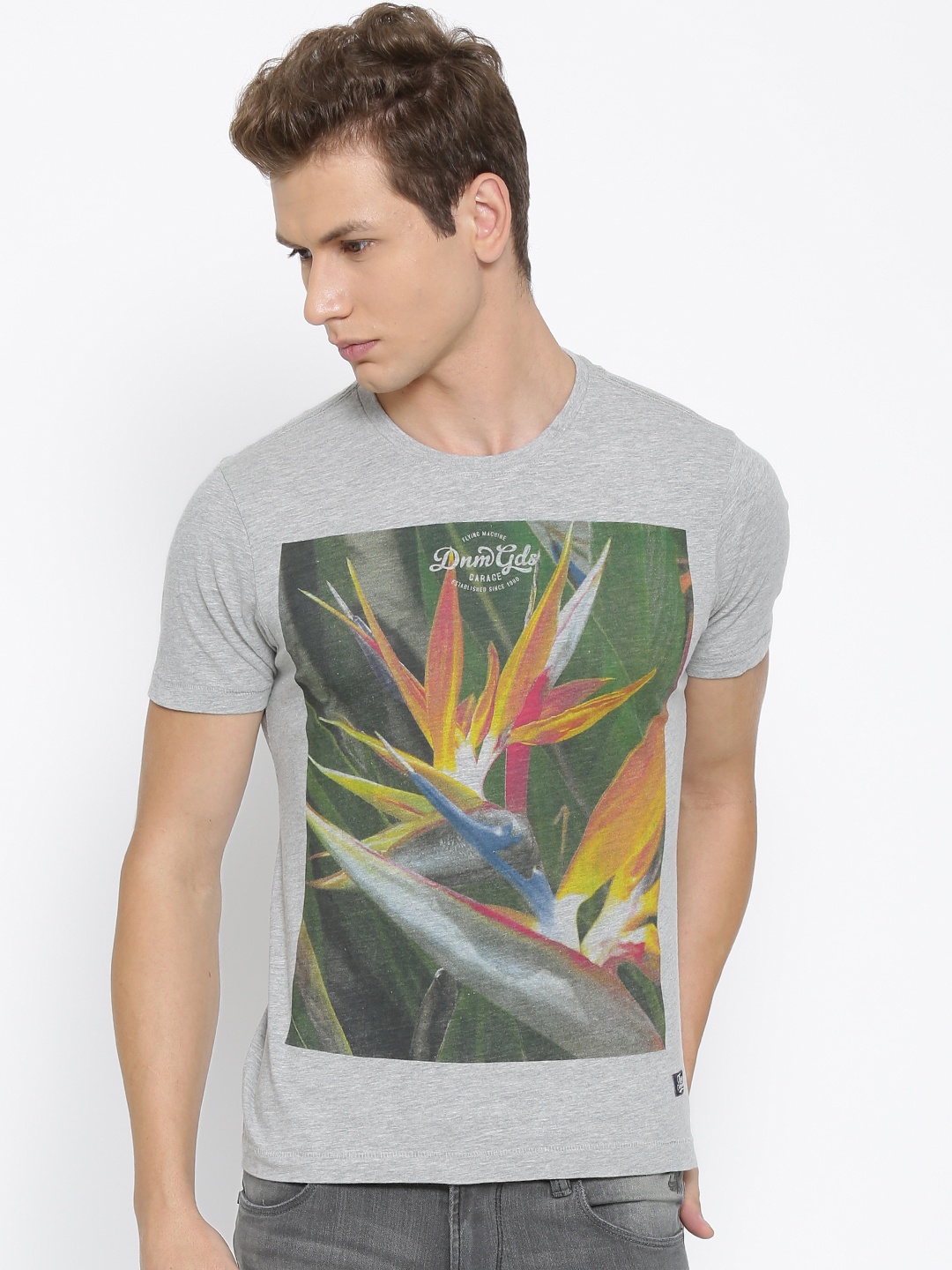 

Flying Machine Grey Melange Printed Pure Cotton T-shirt