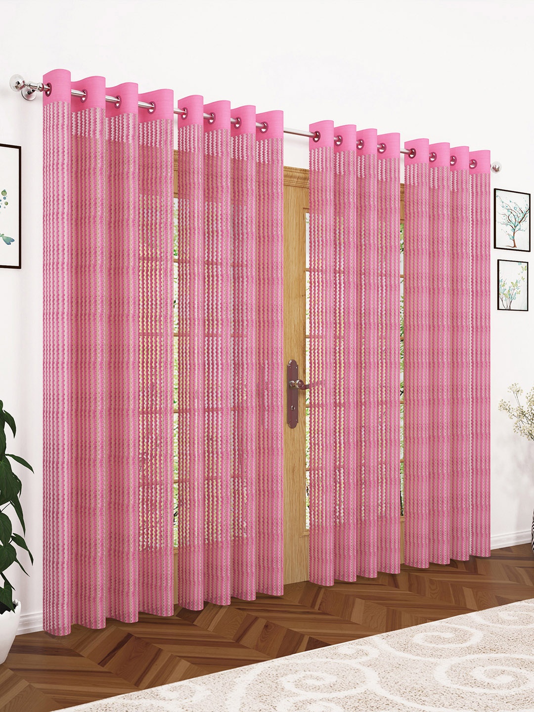 

Story@home Set of 4 Pink Embroidered Sheer Long Door Curtains