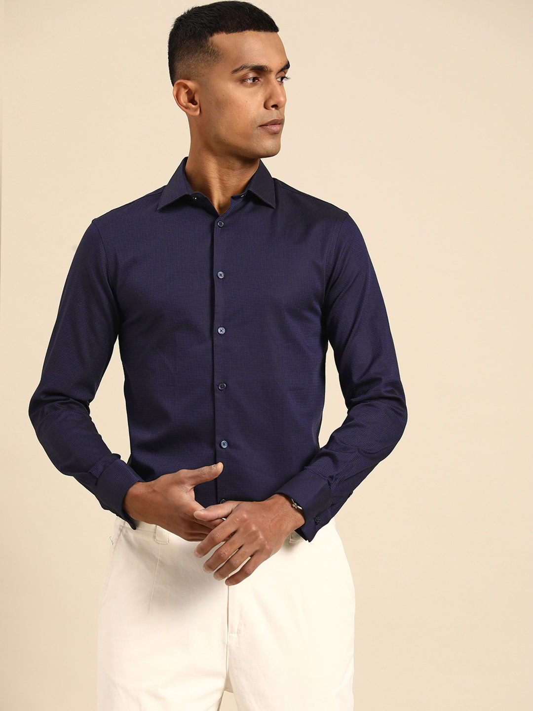 

Celio Men Cotton Textured Slim Fit Formal Shirt, Navy blue