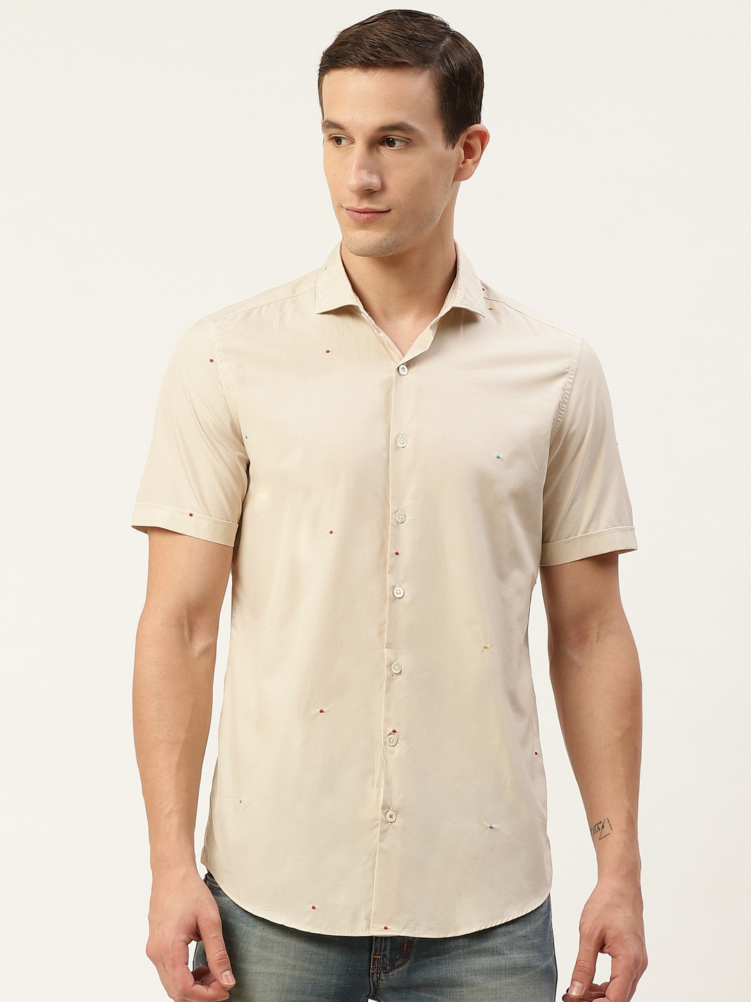 

SIMON CARTER LONDON Men Beige Regular Fit Embroidered Casual Shirt