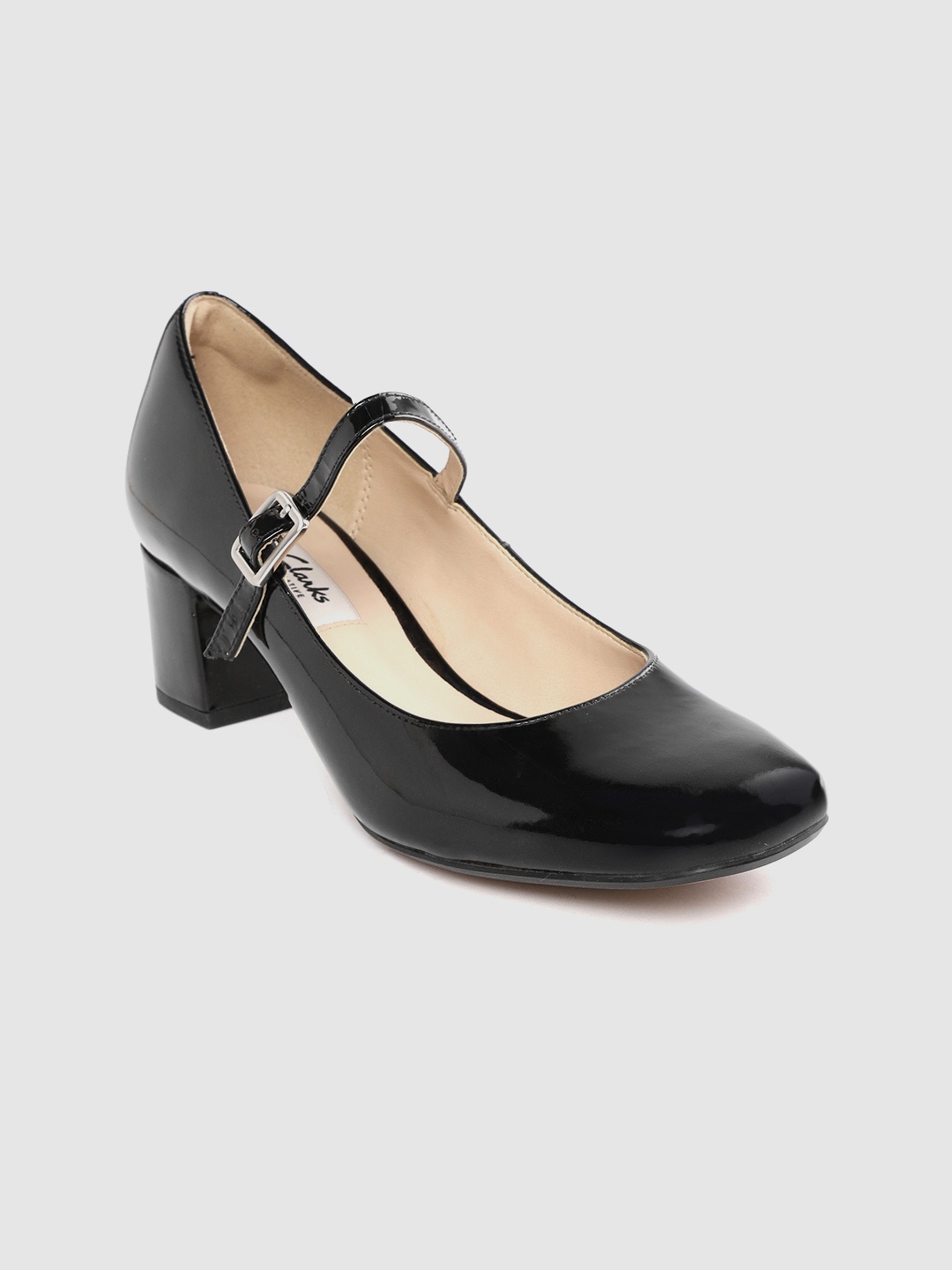 

Clarks Women Black Solid Leather Heeled Mary Janes