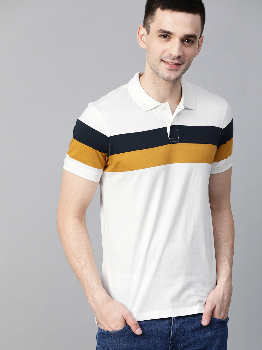 

Mast & Harbour Men Off-White & Black Striped Polo Collar T-shirt