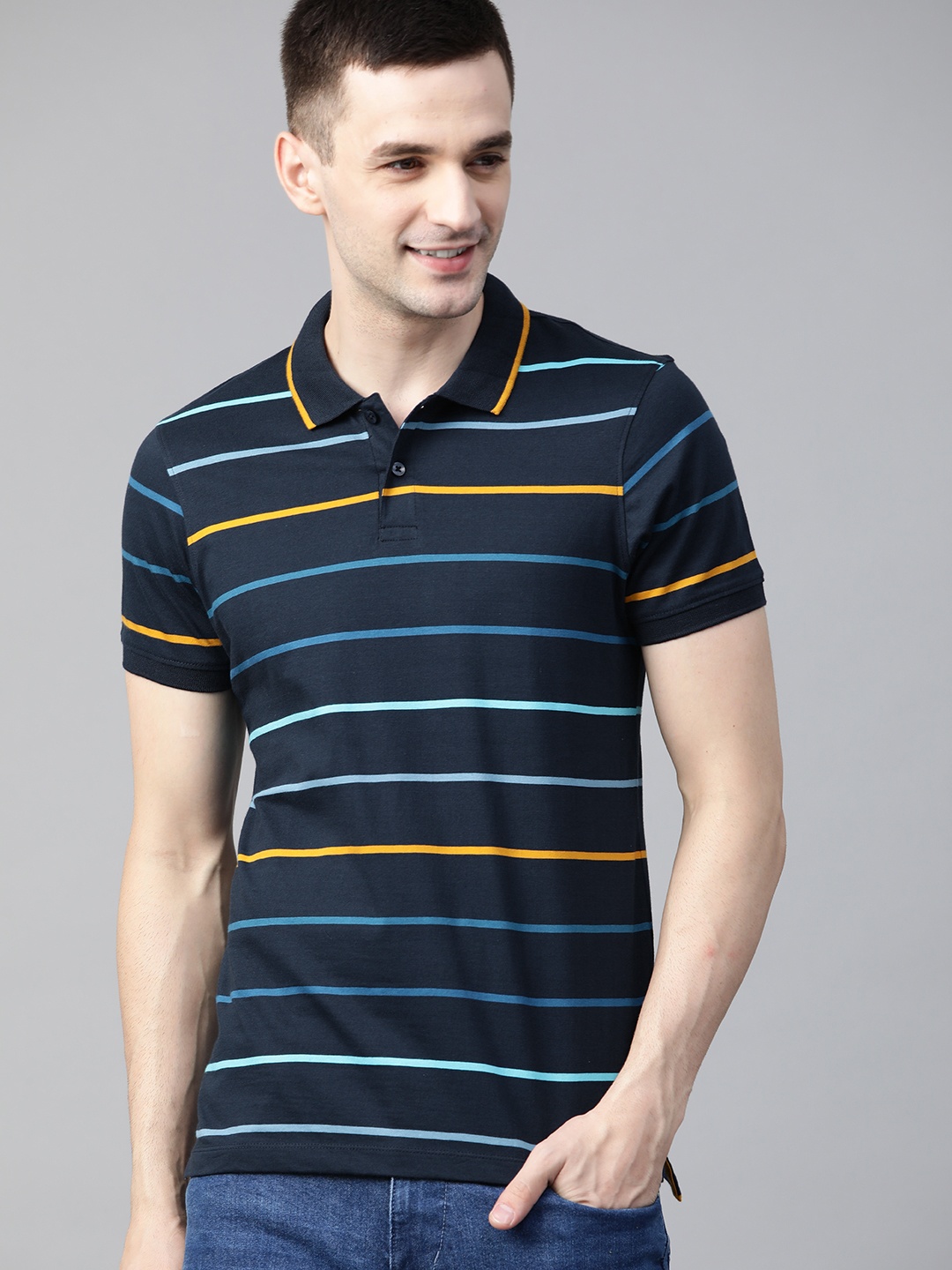 

Mast & Harbour Men Navy Blue & Mustard Yellow Striped Polo Collar T-shirt