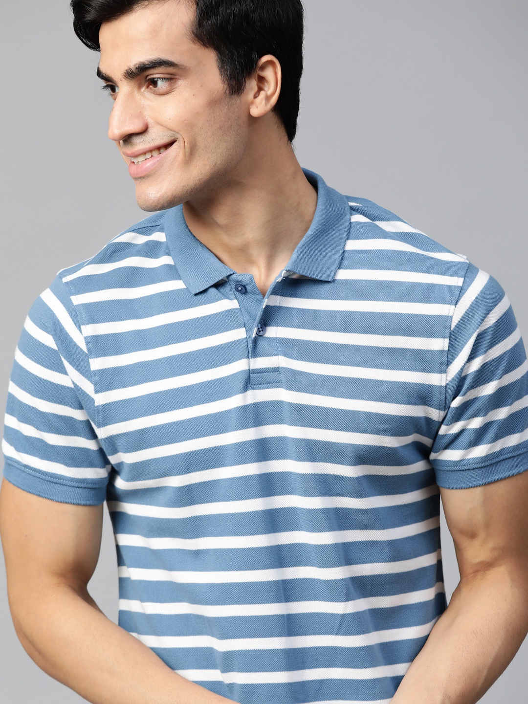 

Mast & Harbour Men Blue & White Striped Polo Collar T-shirt