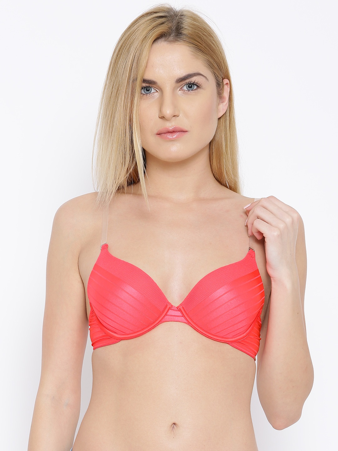 

Amante Solid Padded Wired Sheer Stripes T-Shirt Bra - BRA14804, Coral