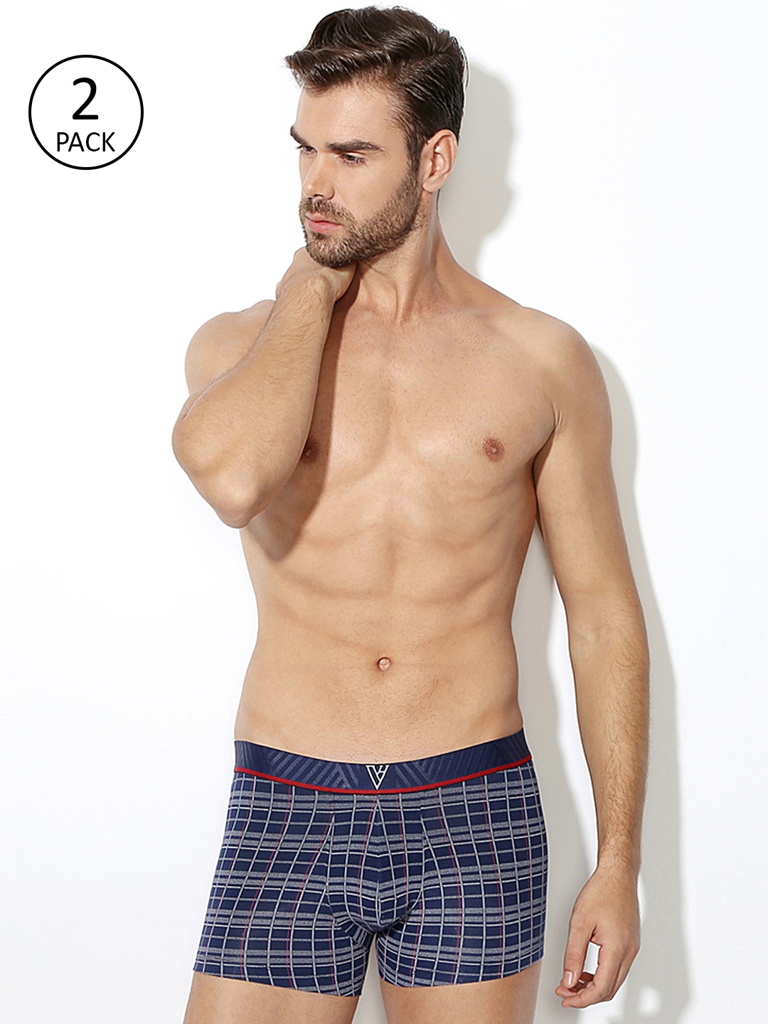 

Van Heusen Men Pack Of 2 Navy & Grey Checked Trunks, Navy blue