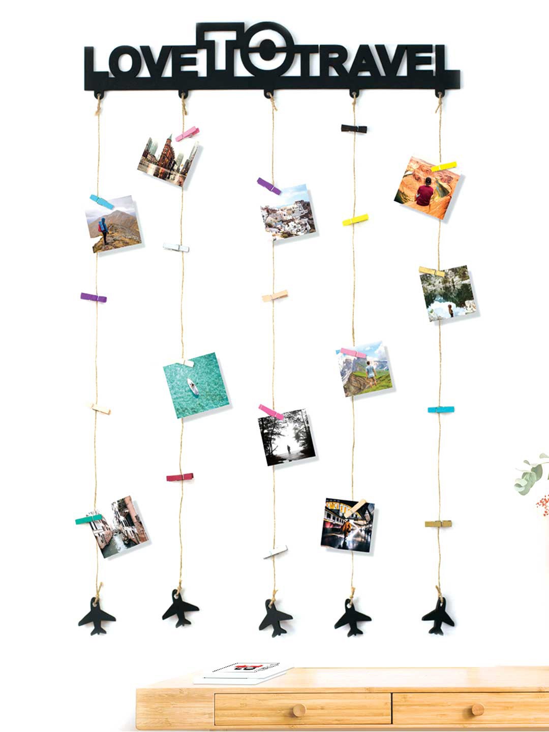 

Art Street Love To Travel Wall Hanging 20 Photos Holders with Clips, Black