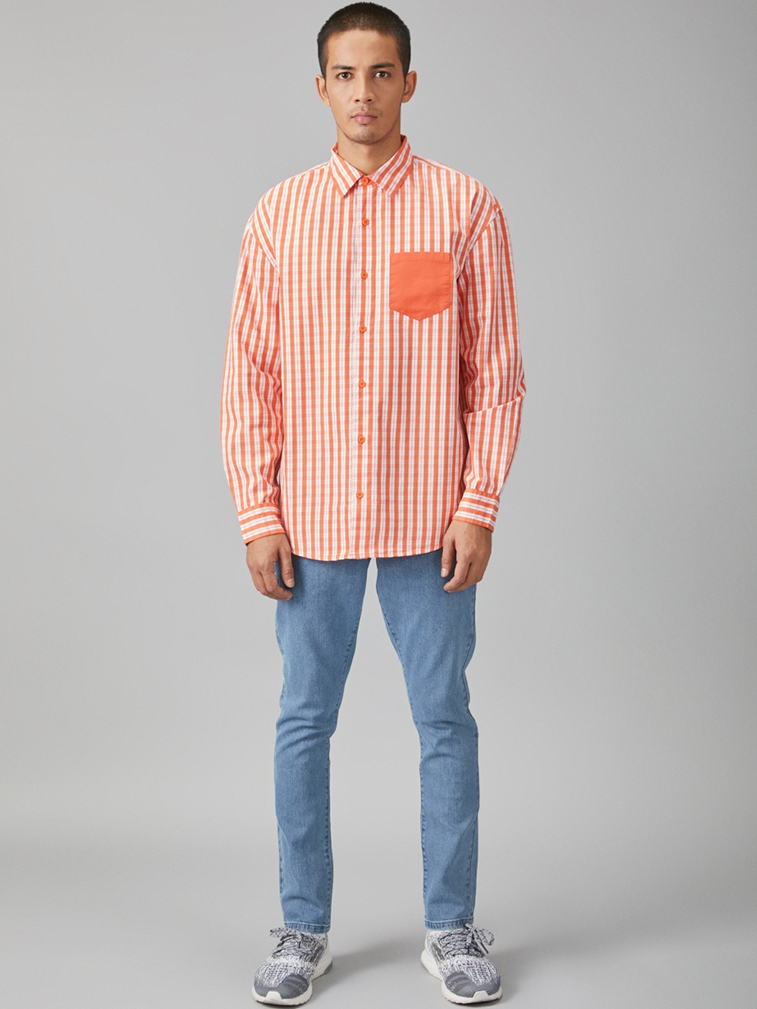 

Bhaane Men Orange & White Boxy Fit Checked Casual Shirt With Contrast Pocket