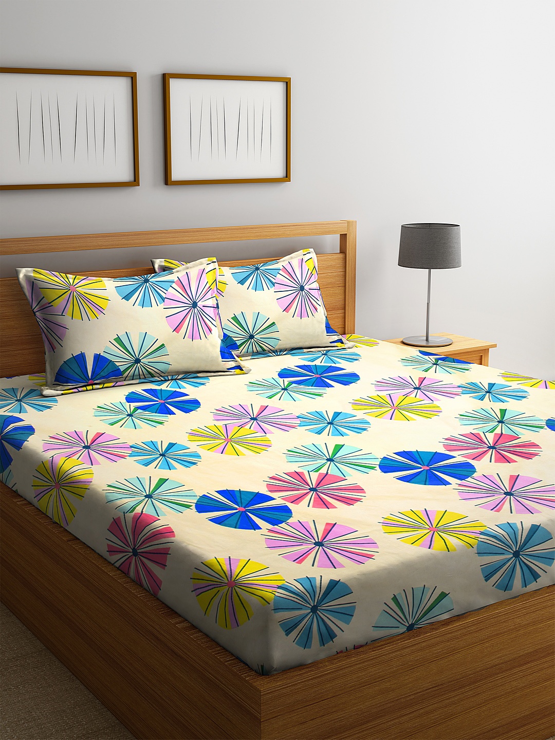 

Home Sizzler Yellow & Blue Abstract 144 TC Polyester 1 Queen Bedsheet with 2 Pillow Covers