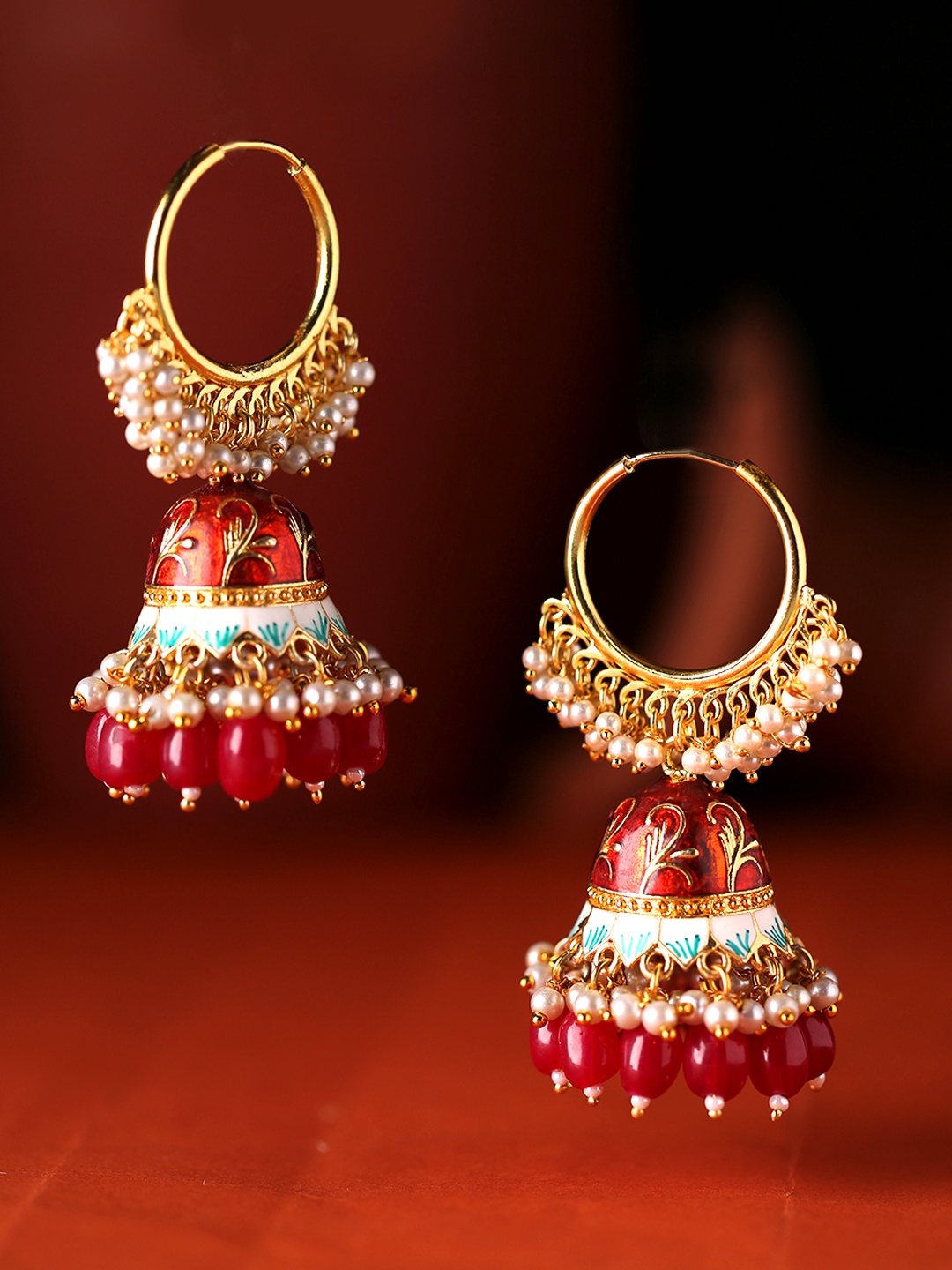 

Yellow Chimes Gold-Plated & Red Meenakari Dome Shaped Jhumkas