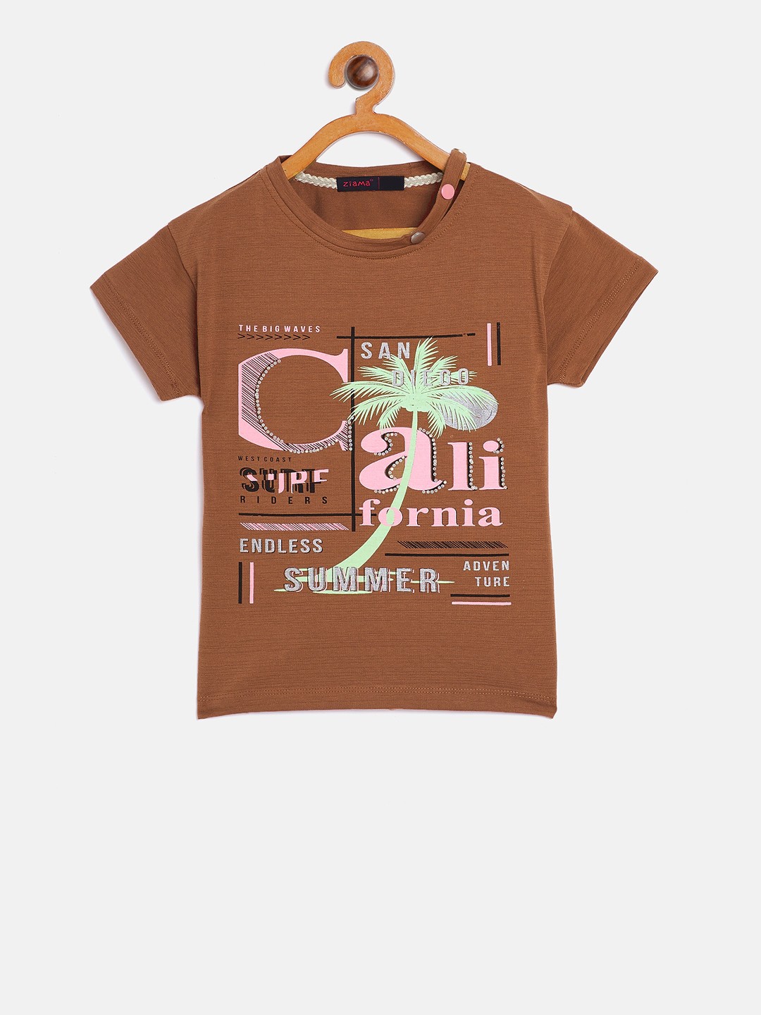 

Ziama Girls Tan Brown Printed Round Neck T-shirt