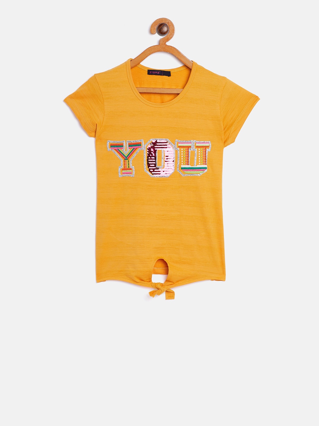 

Ziama Girls Mustard Yellow Embroidered Top With Waist Tie Up
