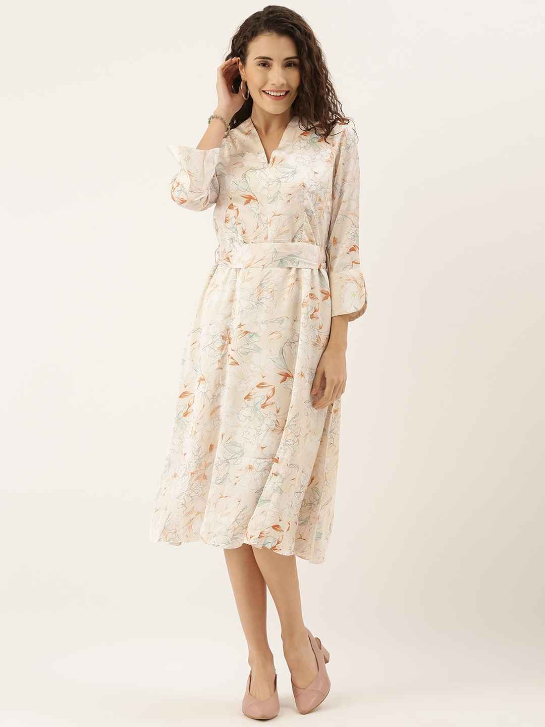 

AND Women Off-White Printed Fit and Flare Dress