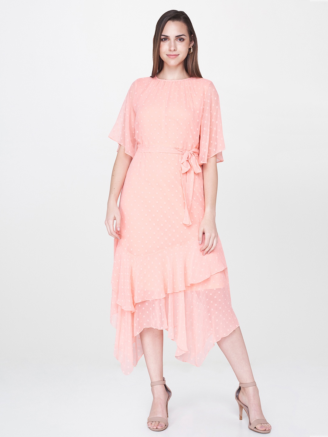 

AND Women Peach-Coloured Self Design Fit and Flare Dress