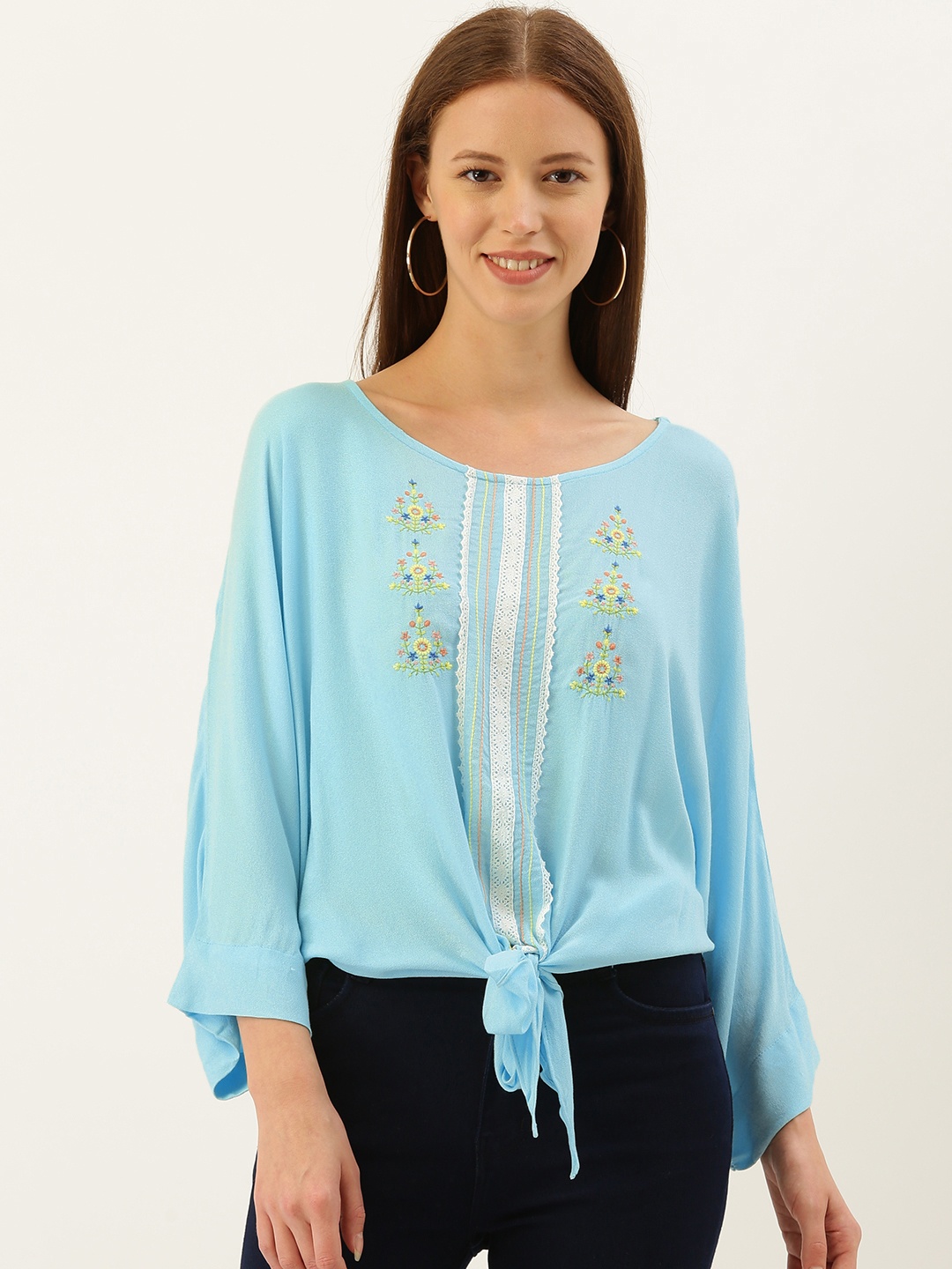 

AND Women Blue Embroidered Blouson Top