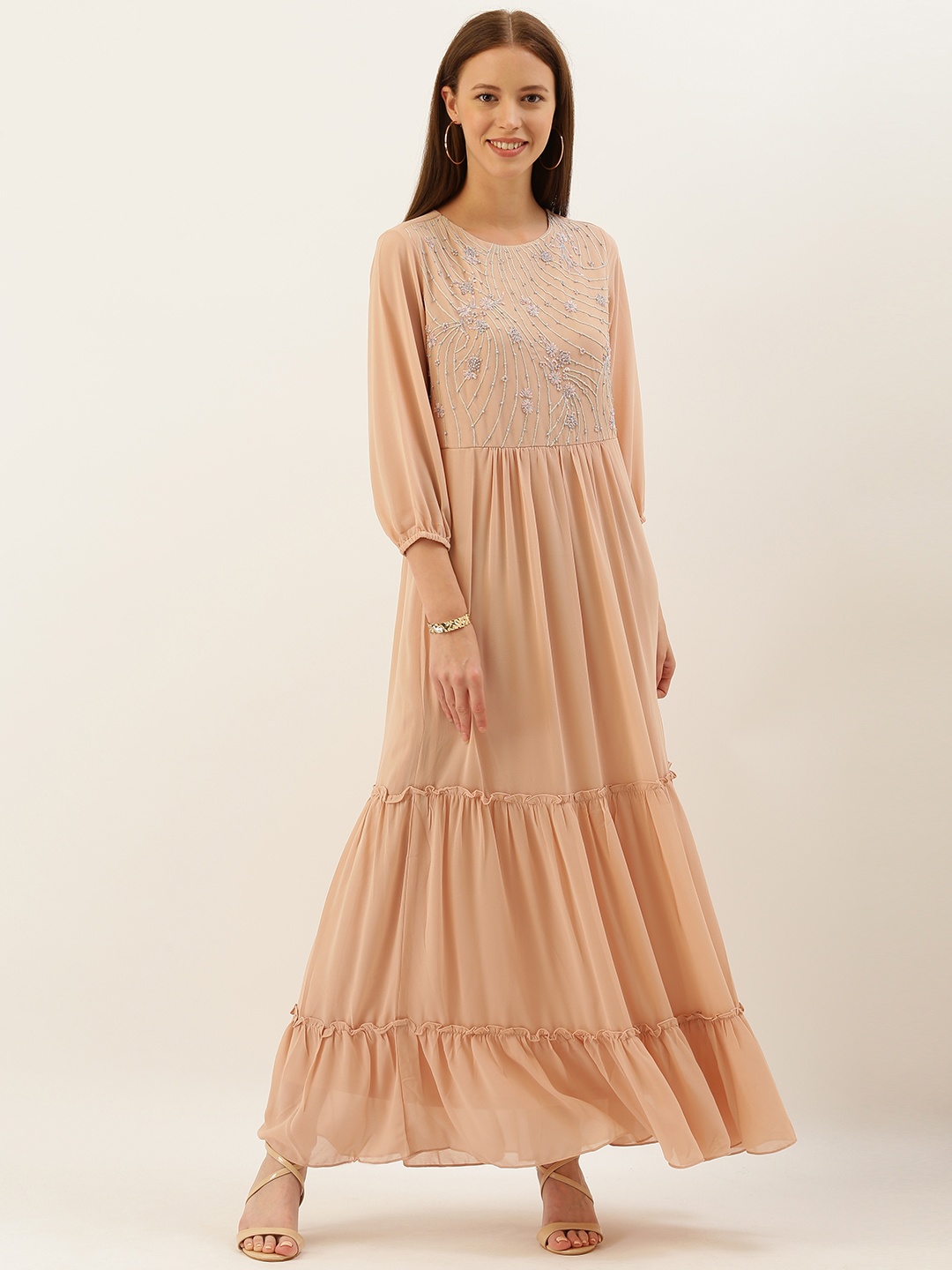 

AND Women Peach-Coloured Embellished Tiered Maxi Dress