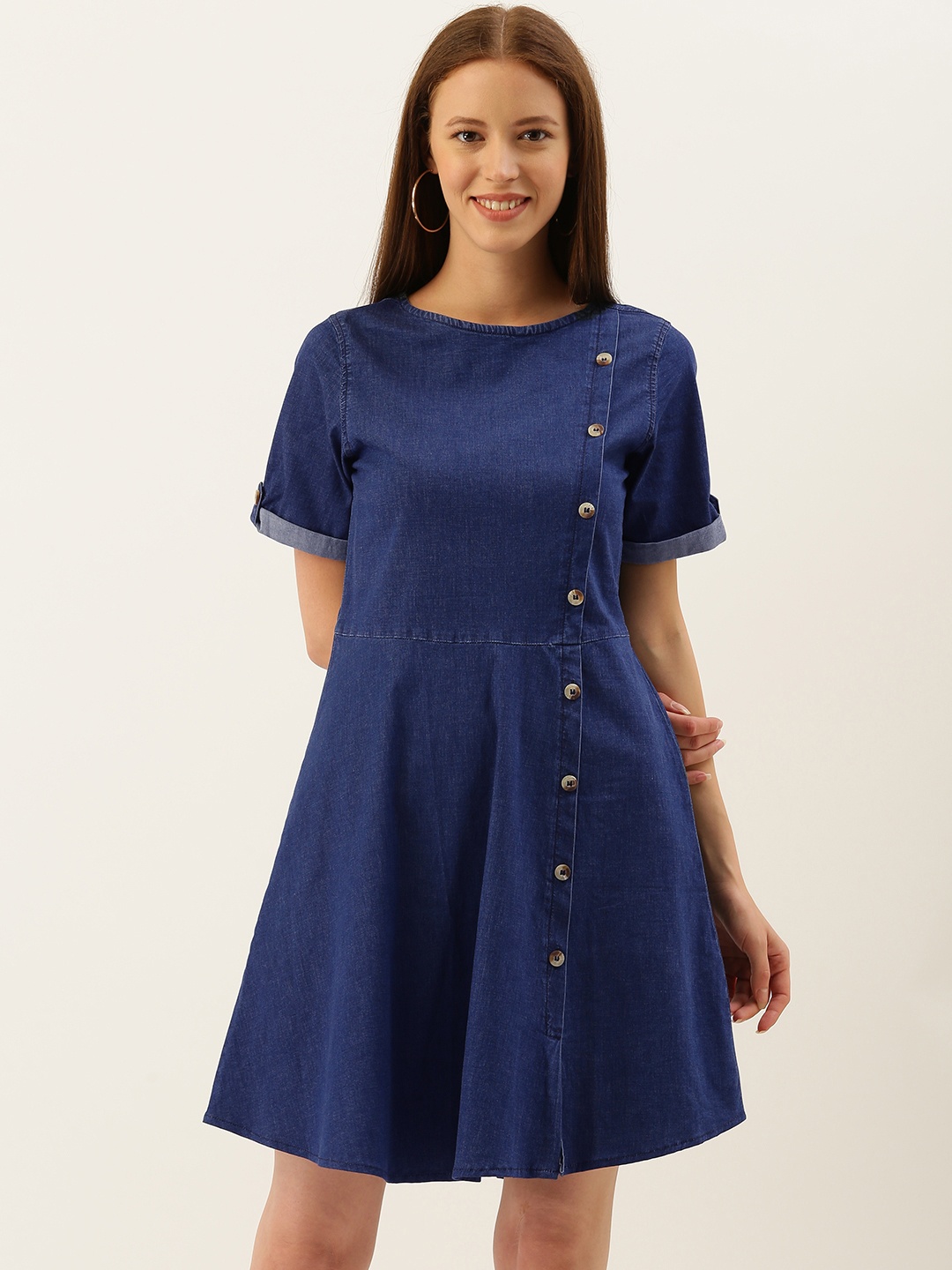 

AND Women Blue Solid Denim Fit and Flare Dress