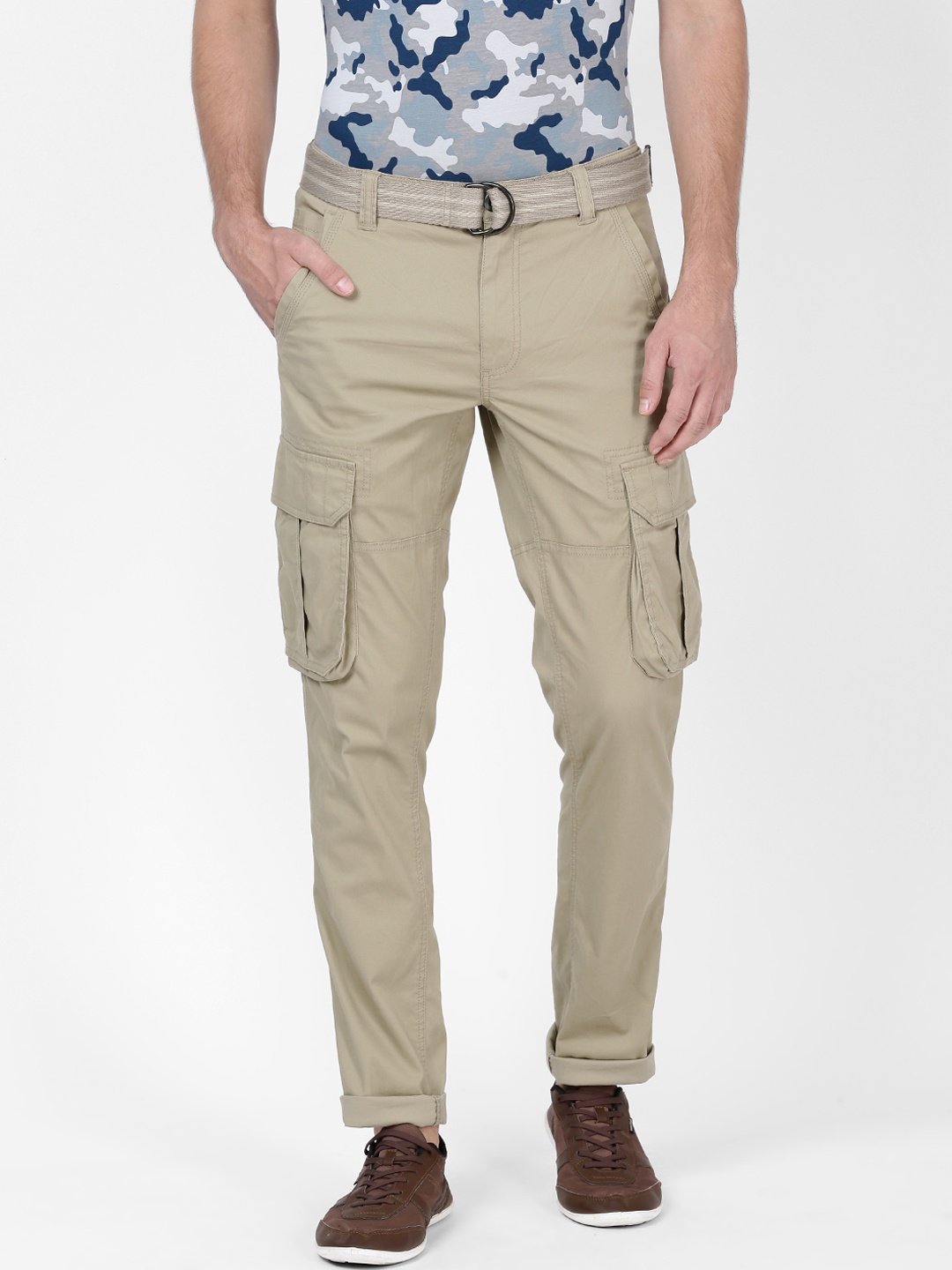 

t-base Men Khaki Tapered Fit Solid Cargos