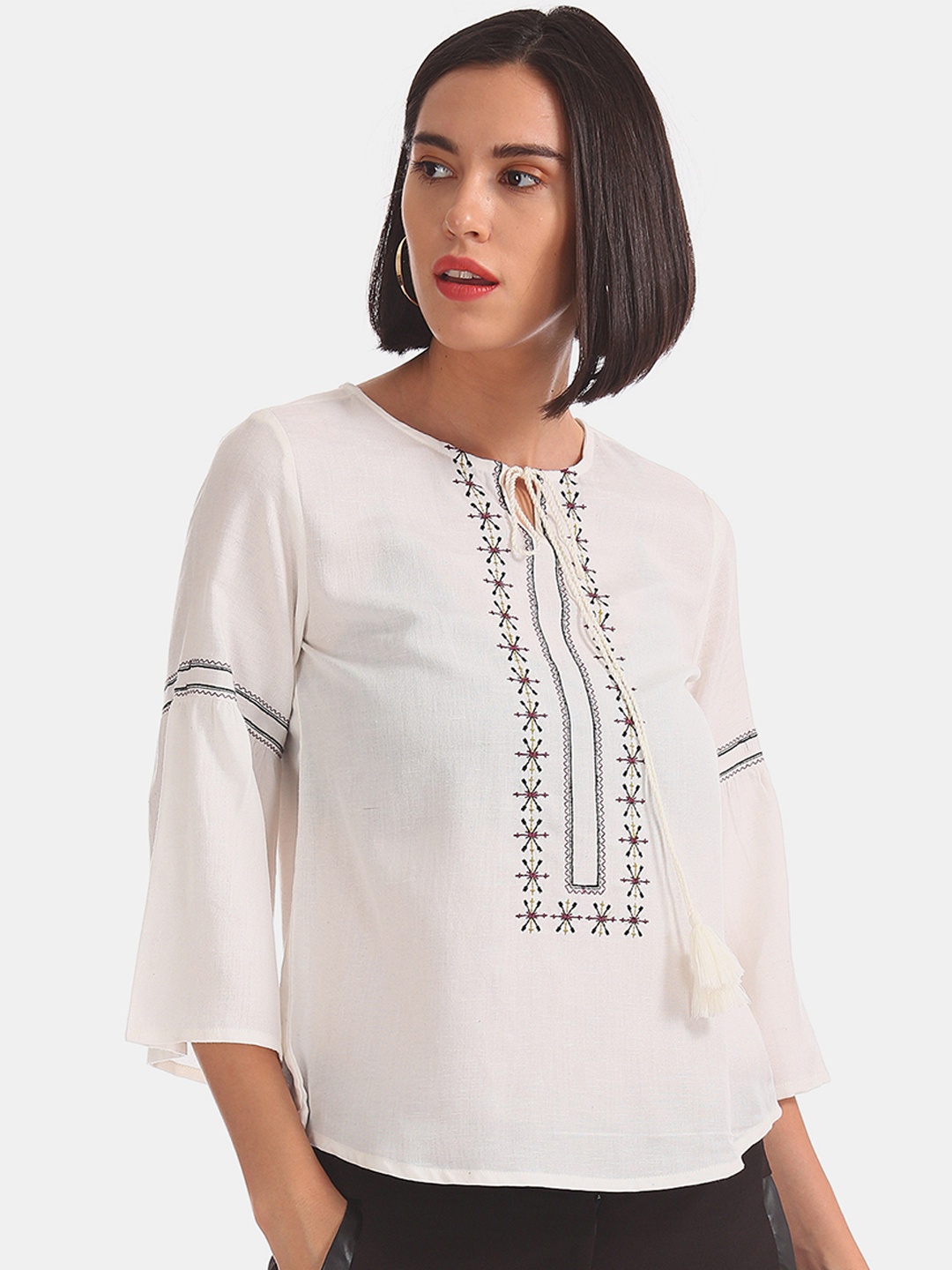 

Bronz Women White Embroidered Bell-Sleeved A-Line Top