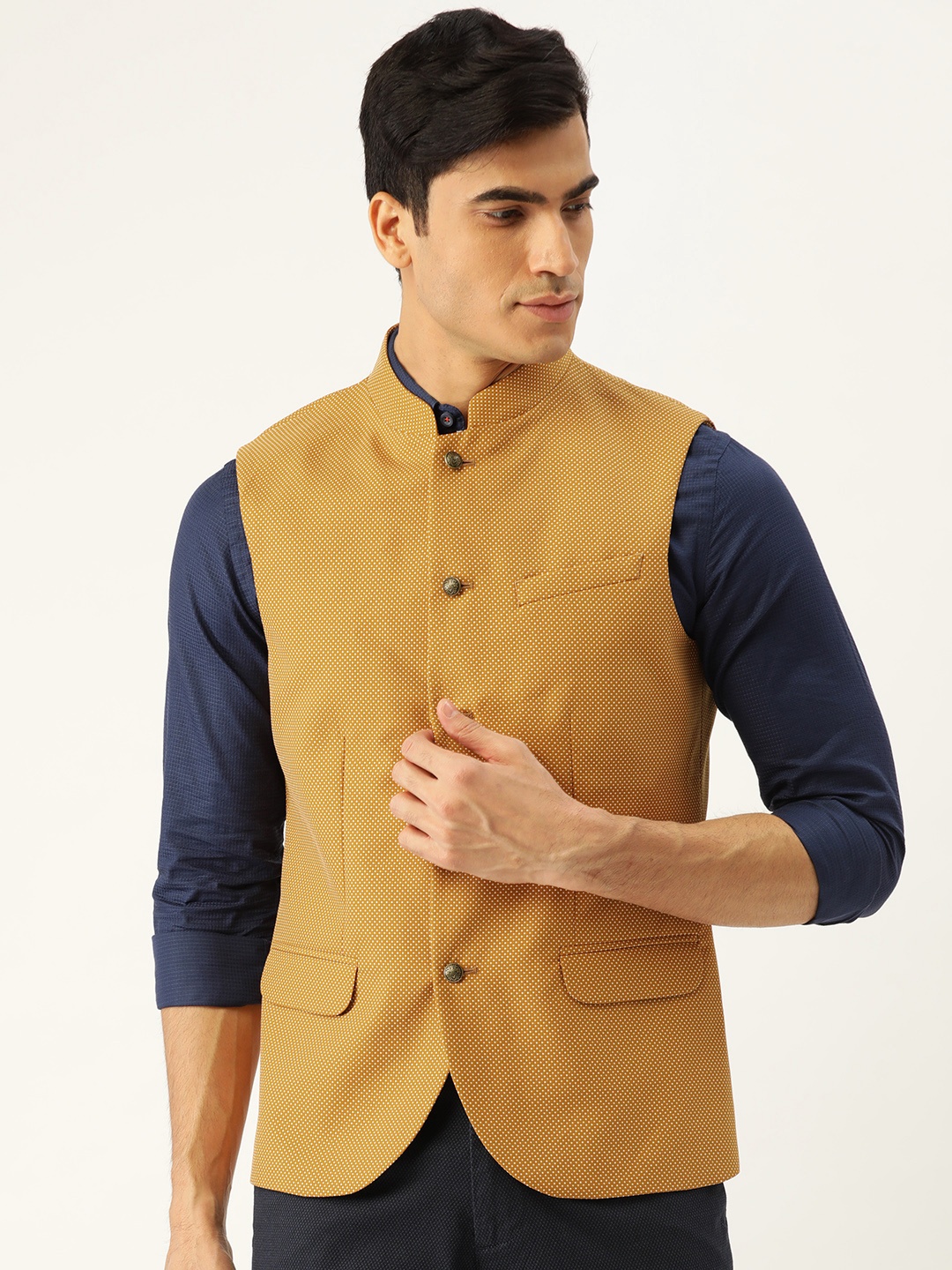 

Blackberrys Men Mustard Yellow & White Slim Fit Woven Design Nehru Jacket