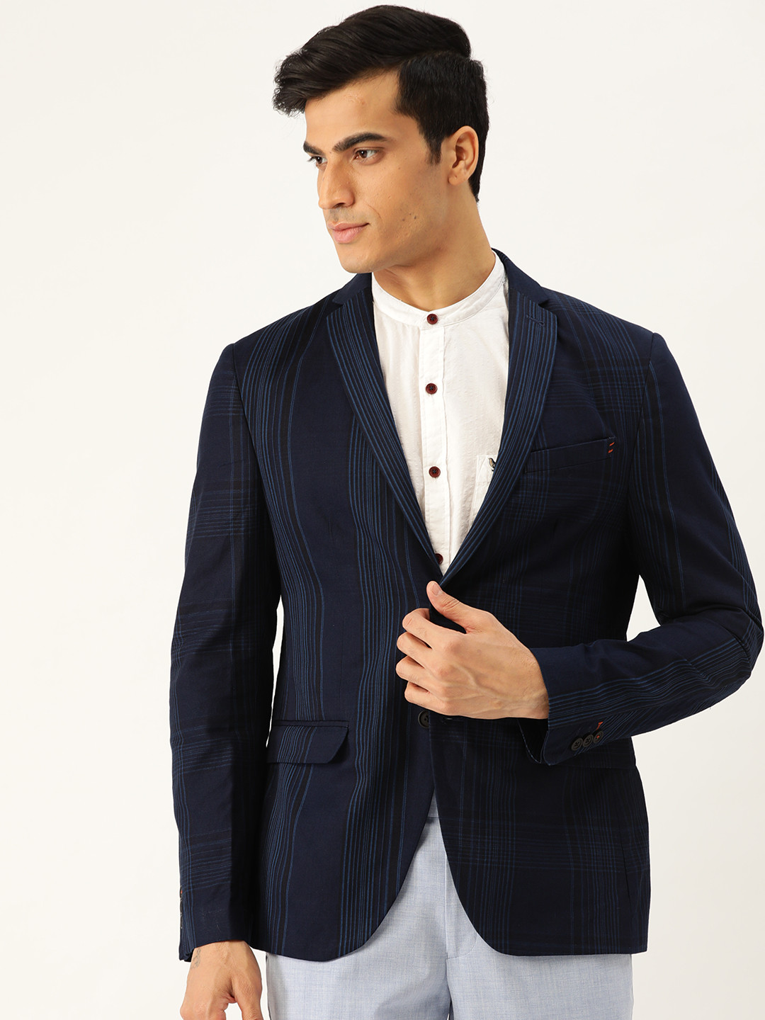 

Blackberrys Men Blue Slim Fit Self-Striped Single-Breasted Casual Pure Cotton Blazer