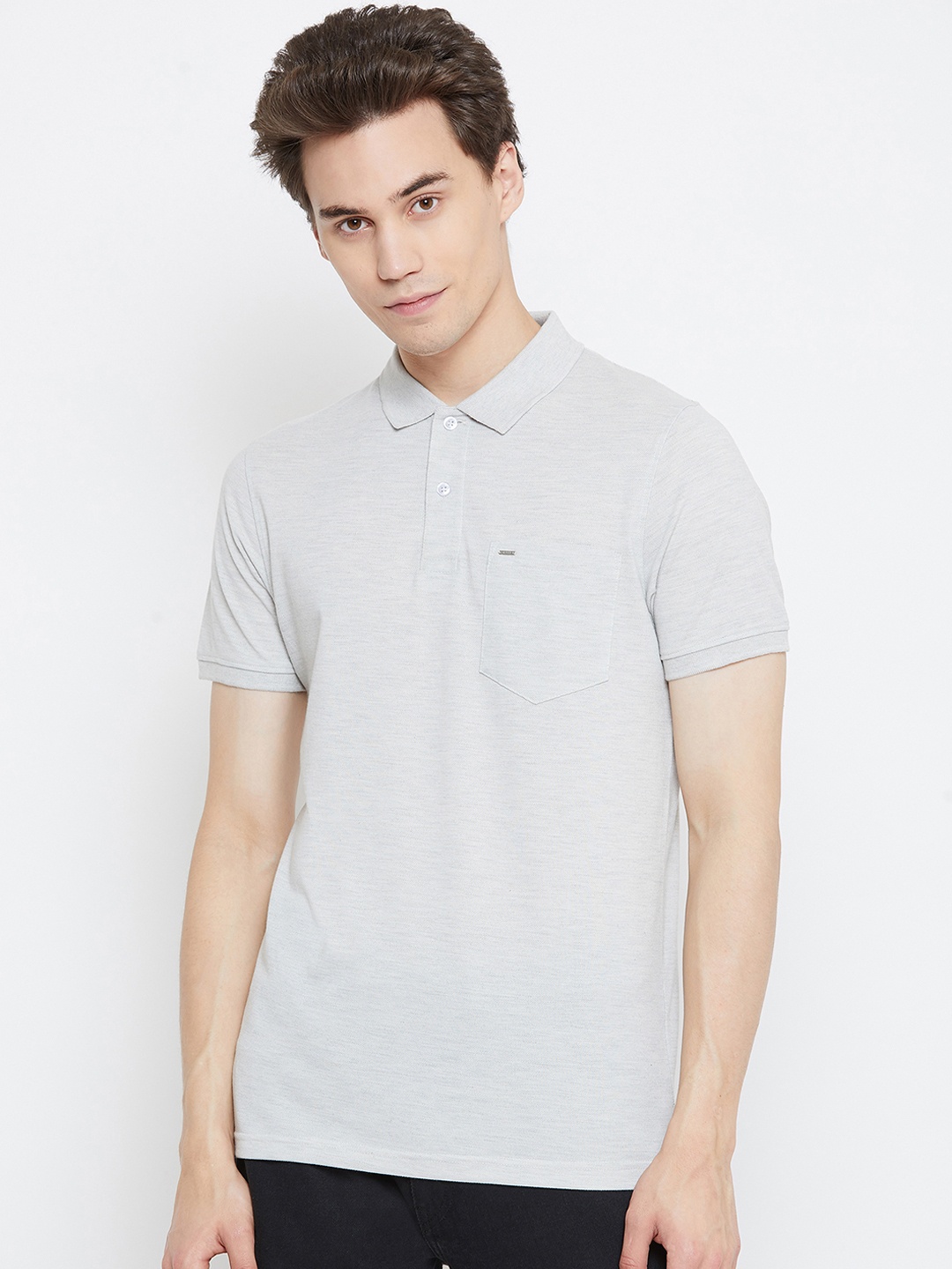

Okane Men Grey Melange Solid Polo Collar T-shirt