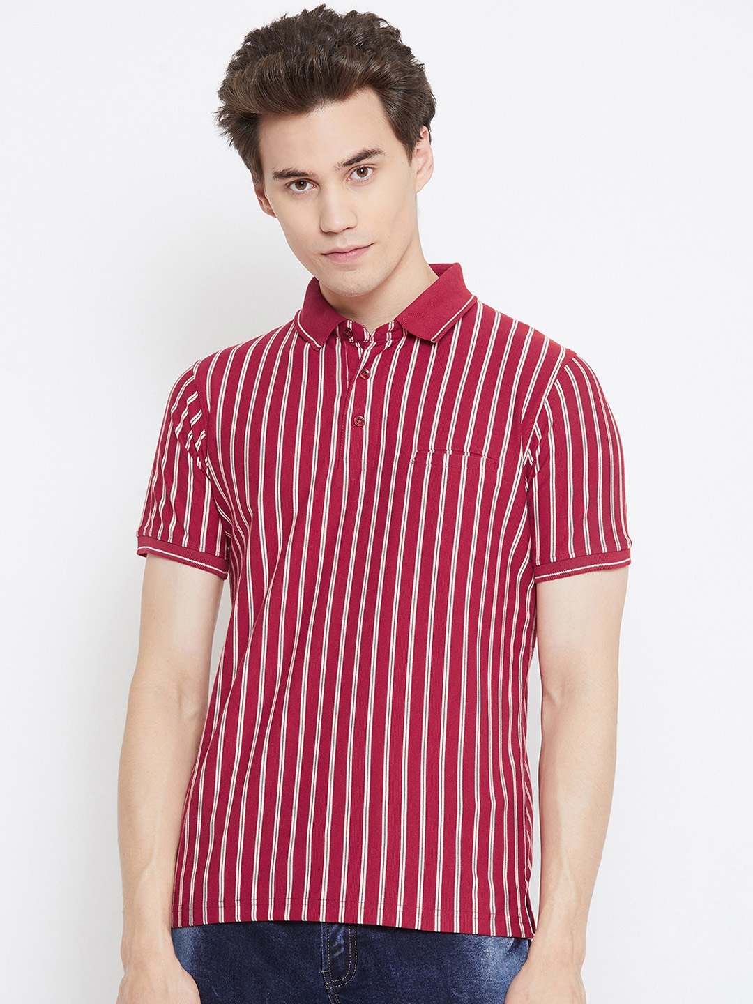 

Okane Men Red & White Striped Polo Collar T-shirt