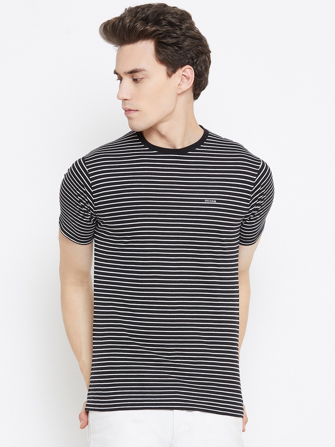 

Okane Men Black & White Striped Round Neck T-shirt