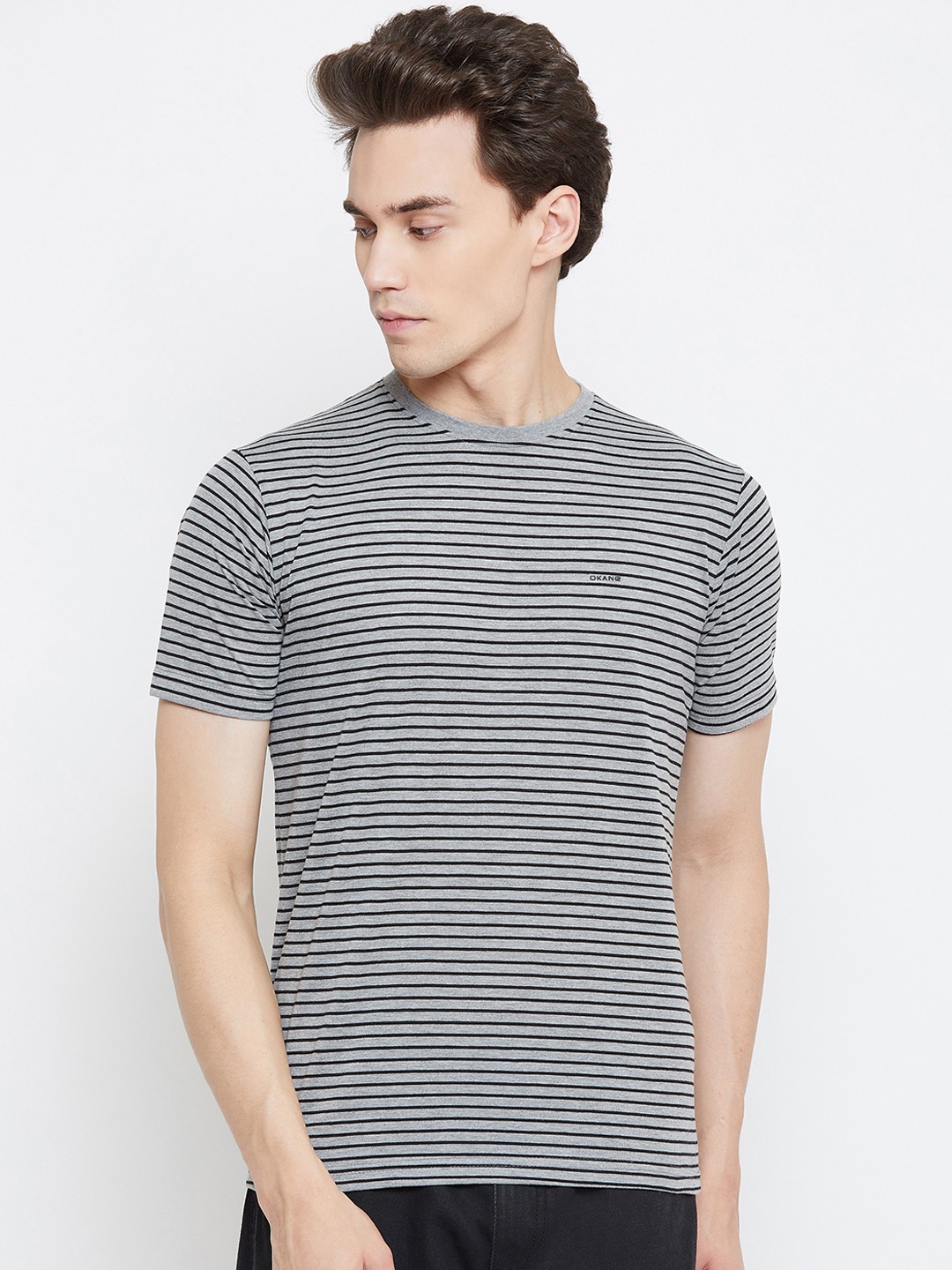 

Okane Men Grey & Black Striped Round Neck T-shirt