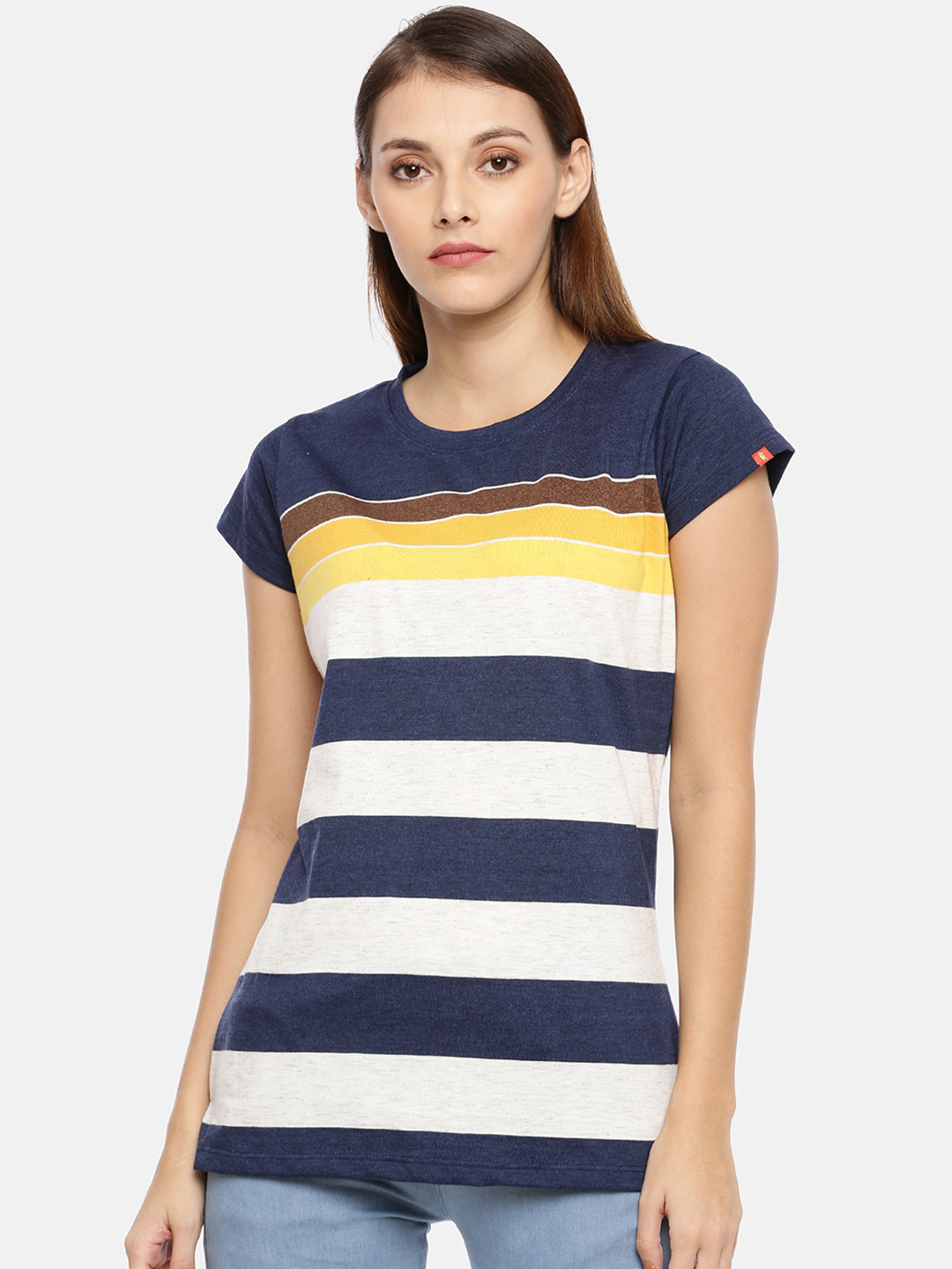 

GOLDSTROMS Women Navy Blue White Striped Round Neck Pure Cotton T-shirt