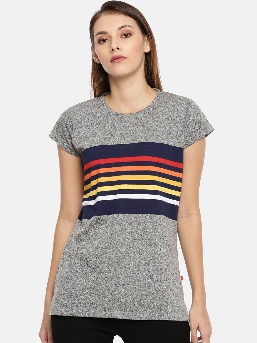 

GOLDSTROMS Women Charcoal Grey Navy Blue Striped Round Neck Pure Cotton T-shirt