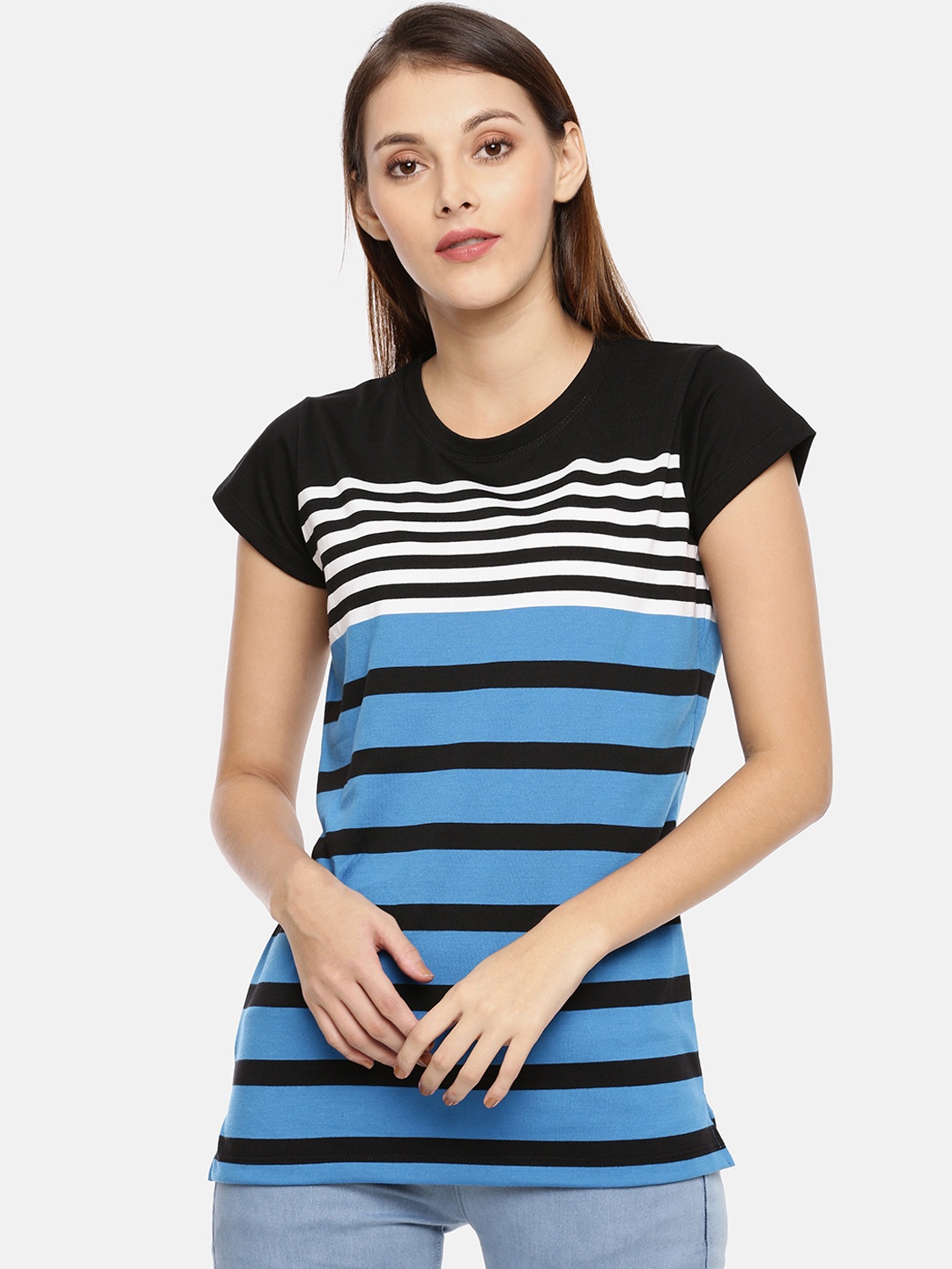 

GOLDSTROMS Women Blue Black Striped Round Neck Pure Cotton T-shirt