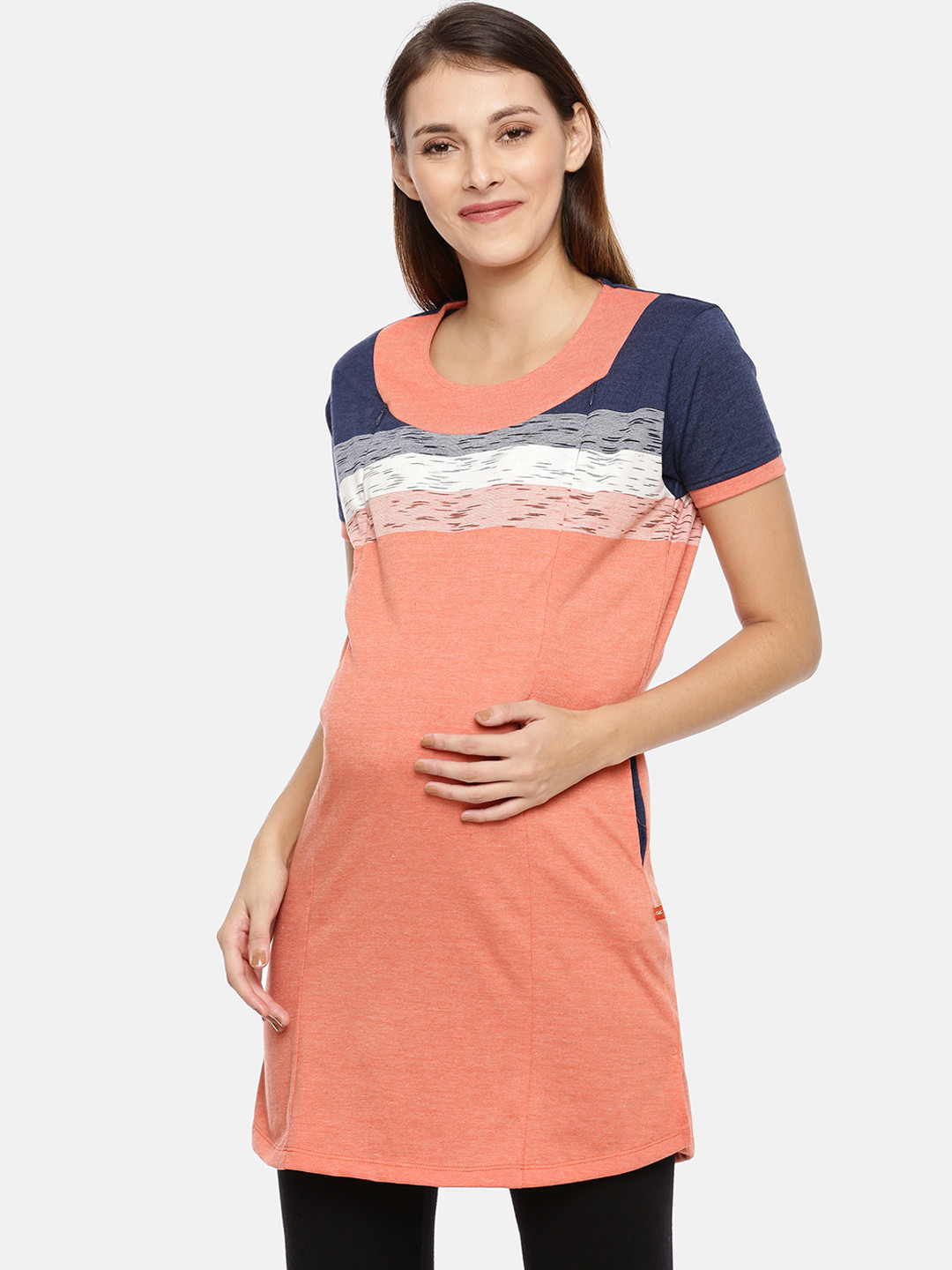 

GOLDSTROMS Women Peach-Coloured Striped Longline Pure Cotton Top