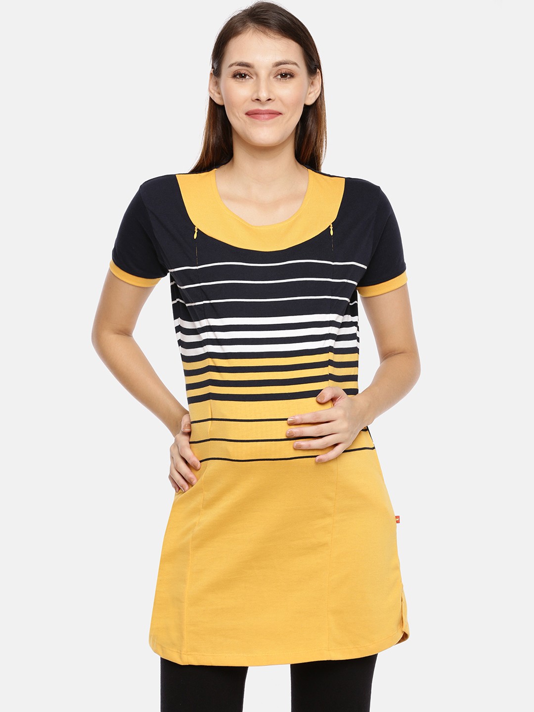 

GOLDSTROMS Women Yellow Striped Round Neck T-shirt