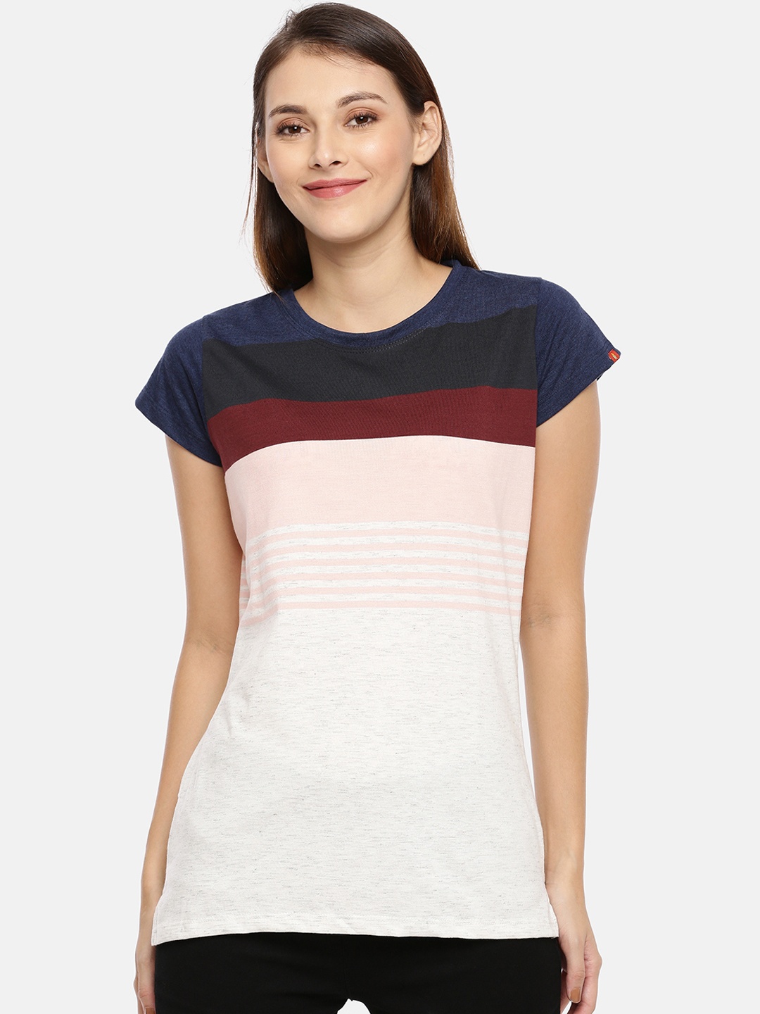 

GOLDSTROMS Women Pink & White Striped Round Neck T-shirt